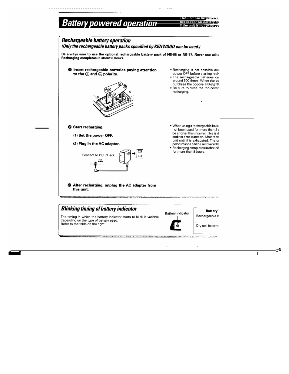 Rechargeable battery operation, Blinking timing of battery indicator, Battery powered ooeratiô | Kenwood DPC-361 User Manual | Page 10 / 24