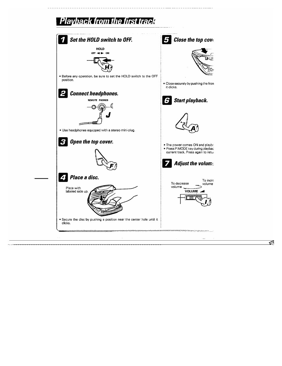 Set the hold switch to off, Connect headphones, Open the top cover | Cm piace a disc, Start playback, Adjust the volume, Open the top cover. cm piace a disc, Close the top cov | Kenwood DPC-361 User Manual | Page 8 / 24