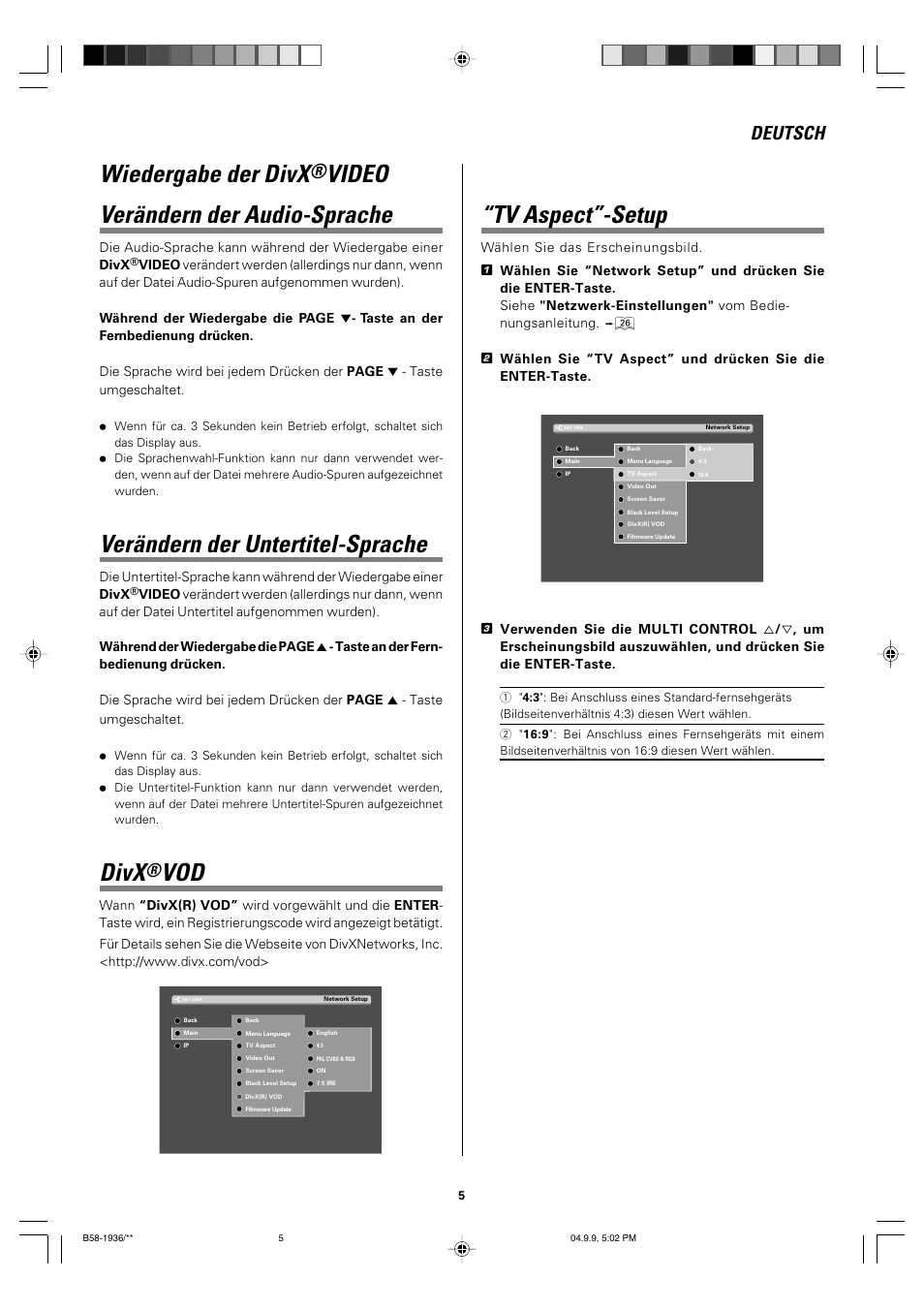 German, Wiedergabe der divx, Video verändern der audio-sprache | Verändern der untertitel-sprache, Divx, Tv aspect”-setup, Deutsch | Kenwood VRS-N8100 User Manual | Page 5 / 12