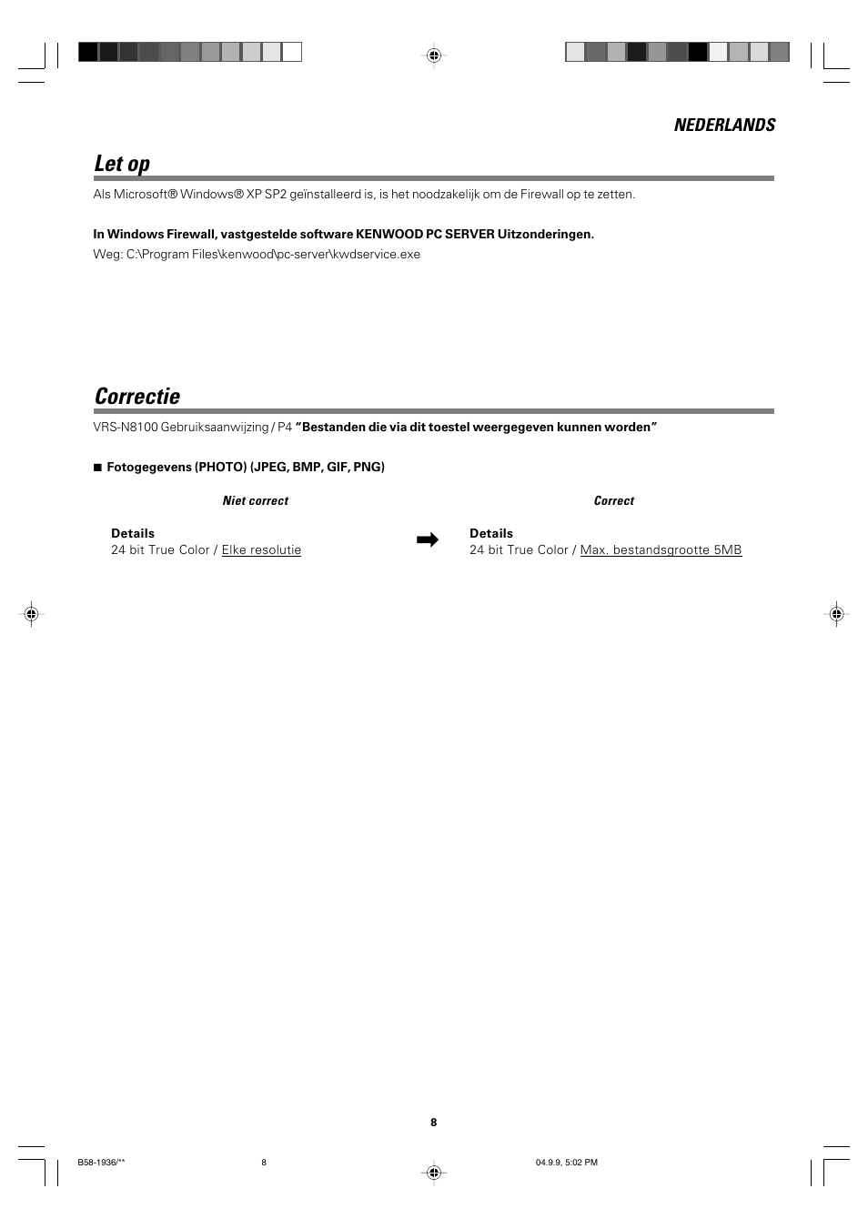 Correctie, Let op, Nederlands | Kenwood VRS-N8100 User Manual | Page 8 / 12