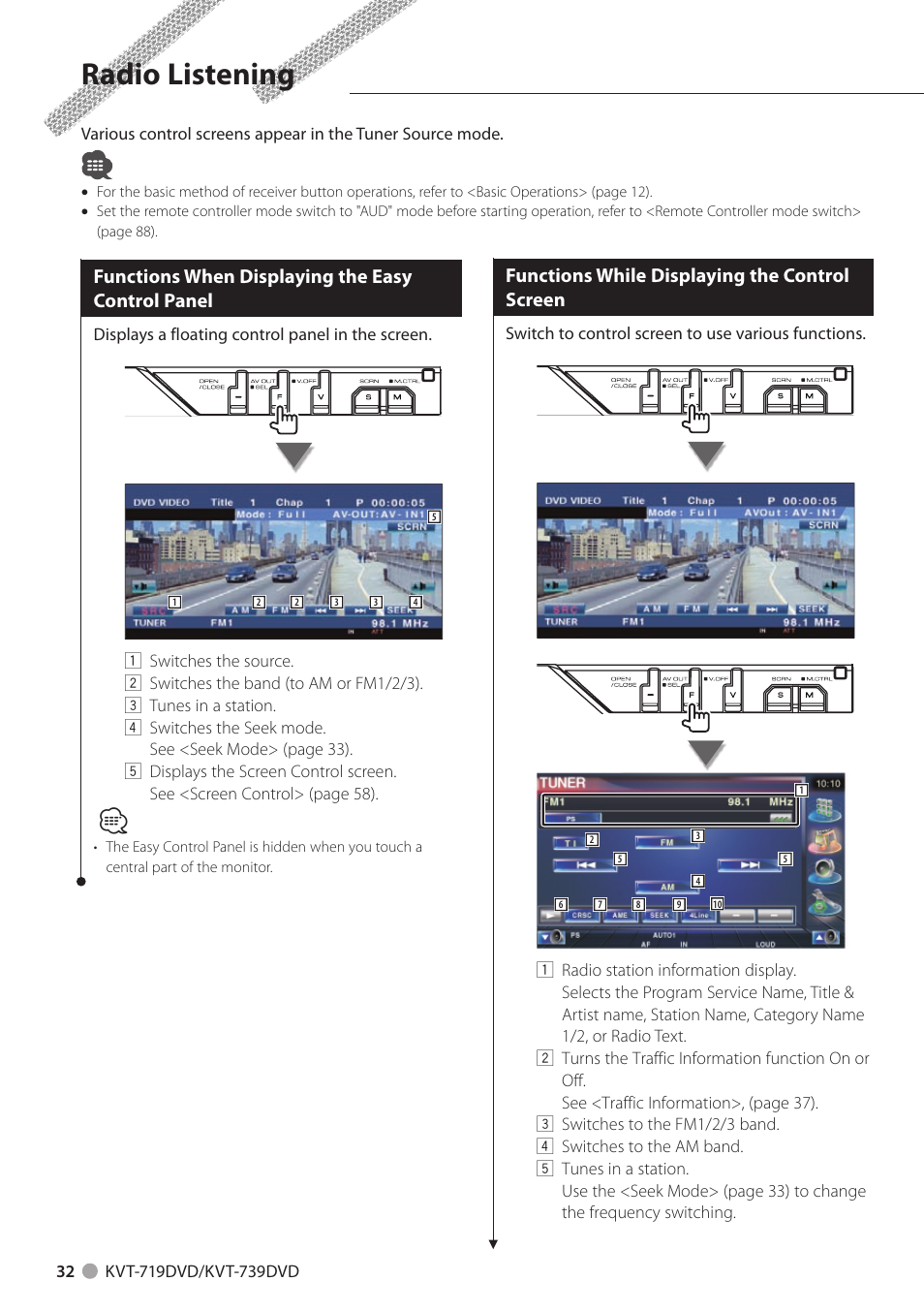 Radio listening, Functions when displaying the easy control panel, Functions while displaying the control screen | Kenwood KVT-719DVD User Manual | Page 32 / 100