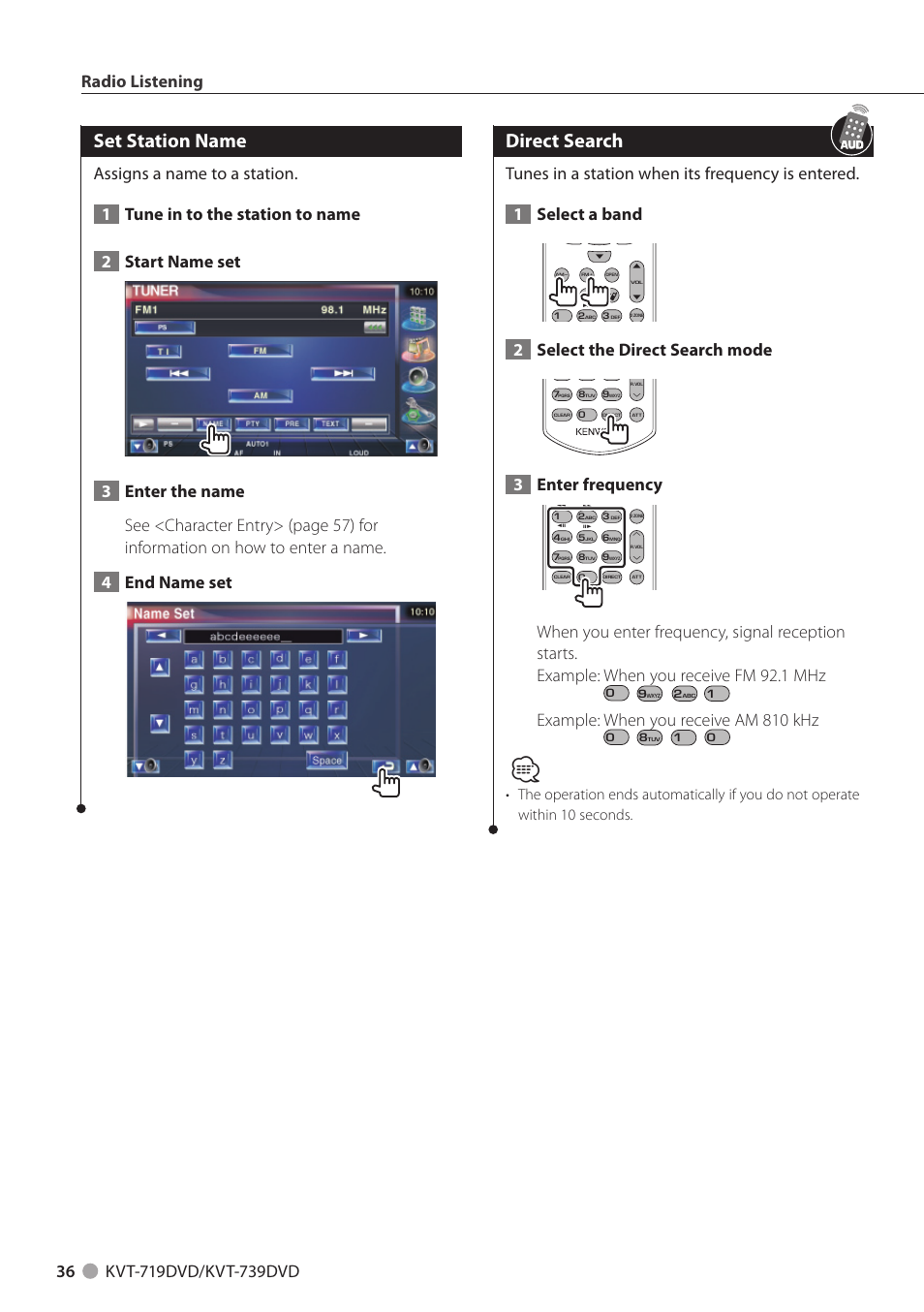 Set station name, Direct search, 2select the direct search mode | 3enter frequency, Example: when you receive am 810 khz | Kenwood KVT-719DVD User Manual | Page 36 / 100