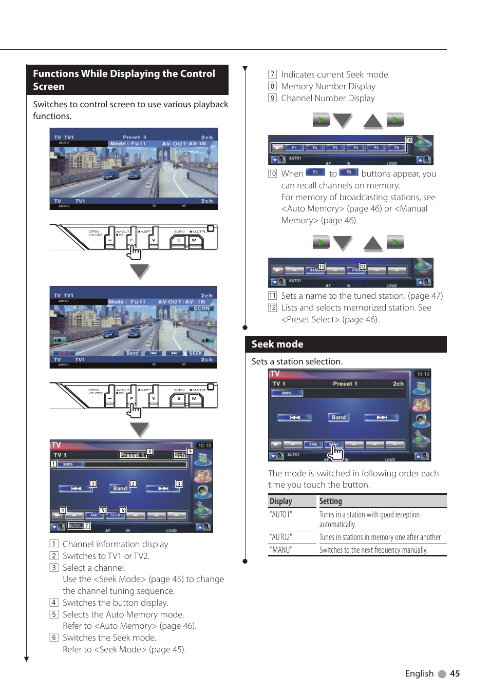 Functions while displaying the control screen, Seek mode | Kenwood KVT-719DVD User Manual | Page 45 / 100