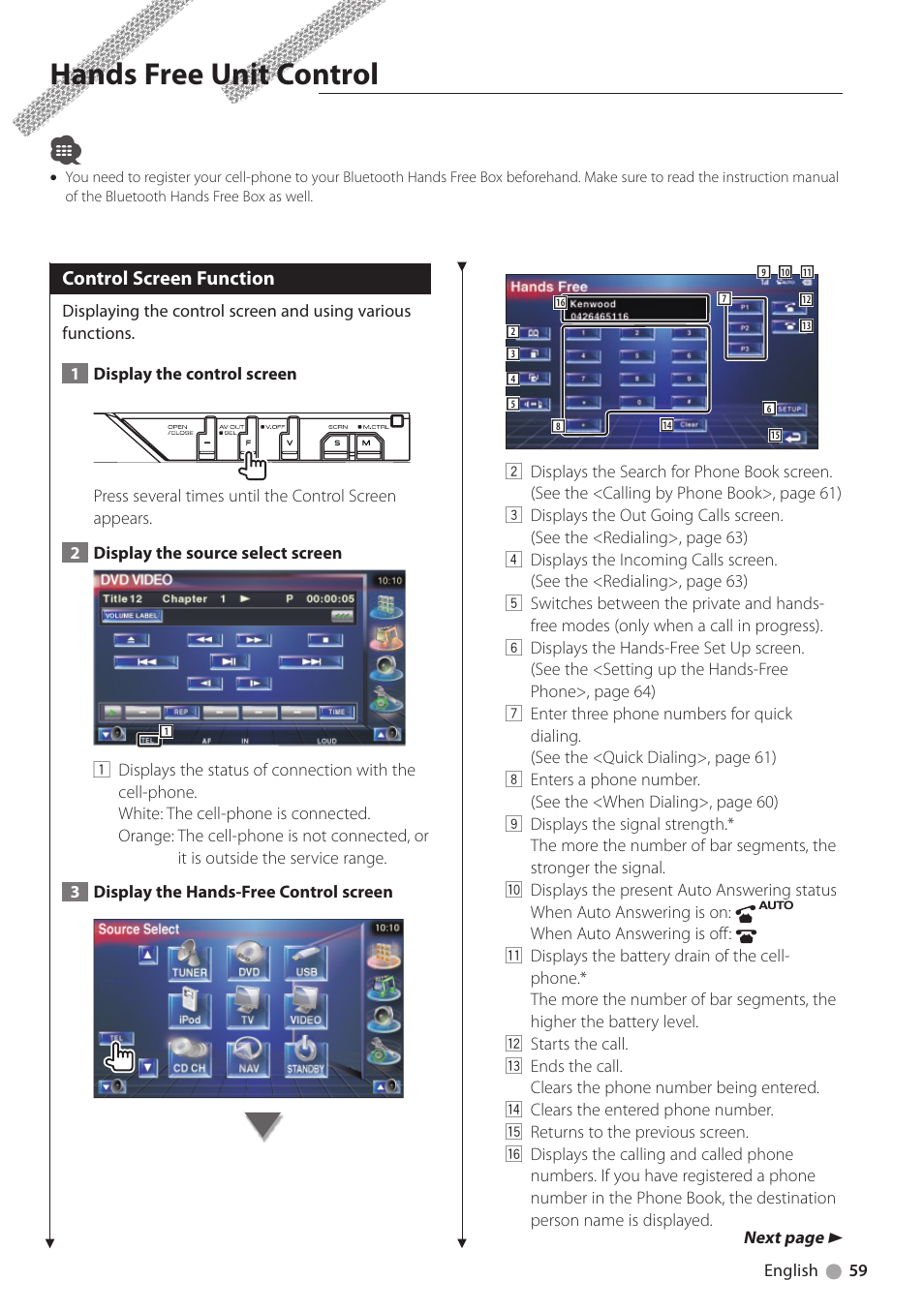 Hands free unit control, Control screen function | Kenwood KVT-719DVD User Manual | Page 59 / 100