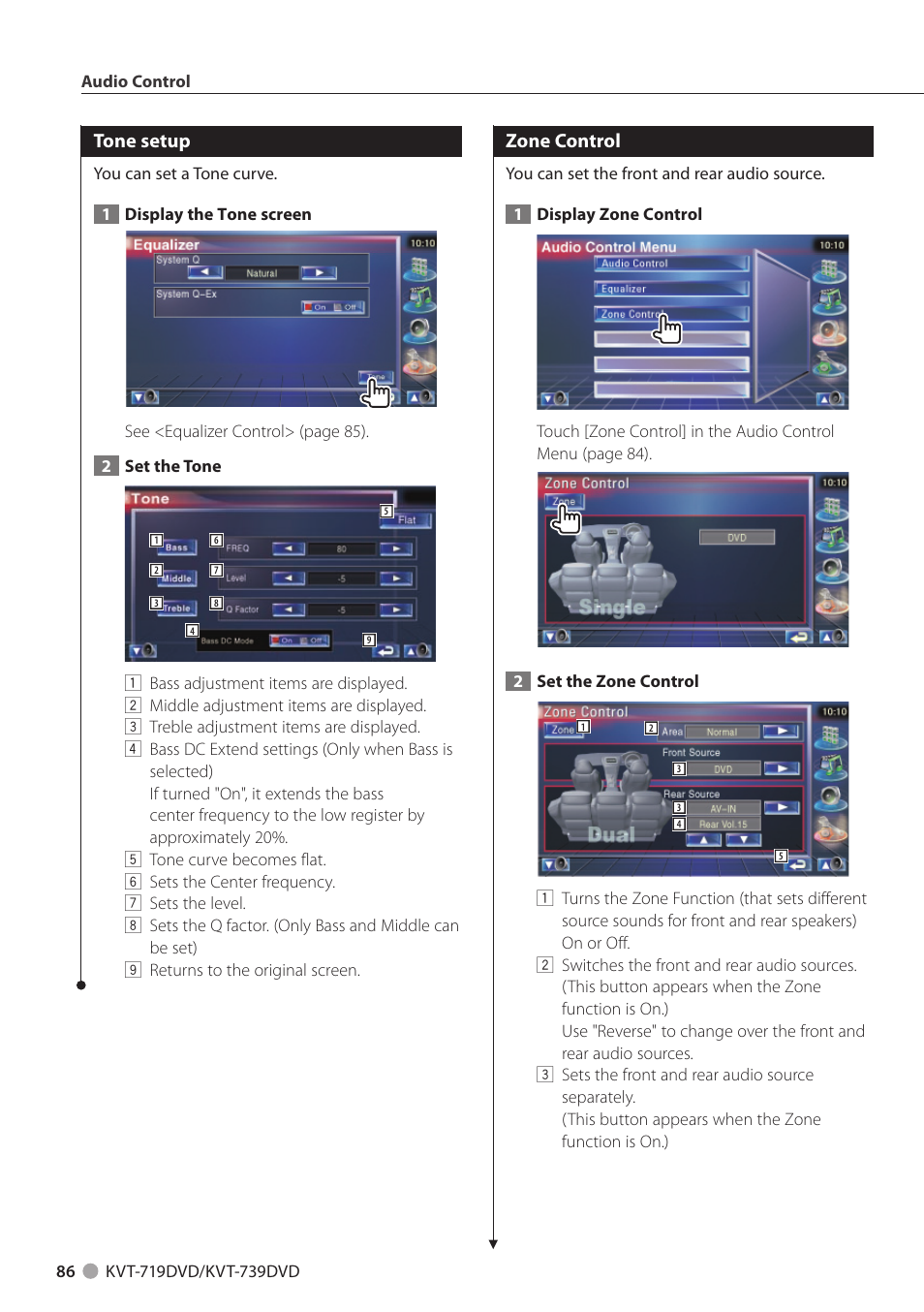 Tone setup, Zone control | Kenwood KVT-719DVD User Manual | Page 86 / 100