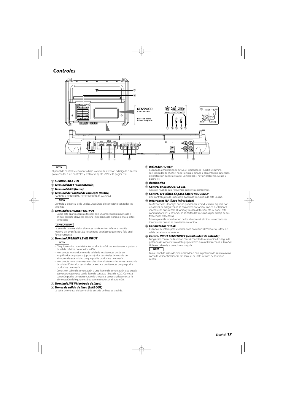 Controles | Kenwood KAC-9103D User Manual | Page 17 / 20
