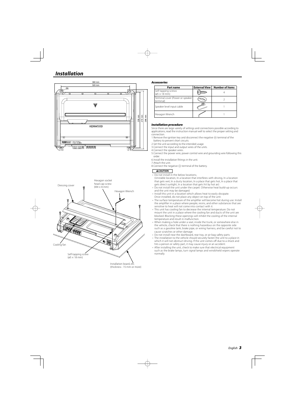 Installation | Kenwood KAC-9103D User Manual | Page 3 / 20