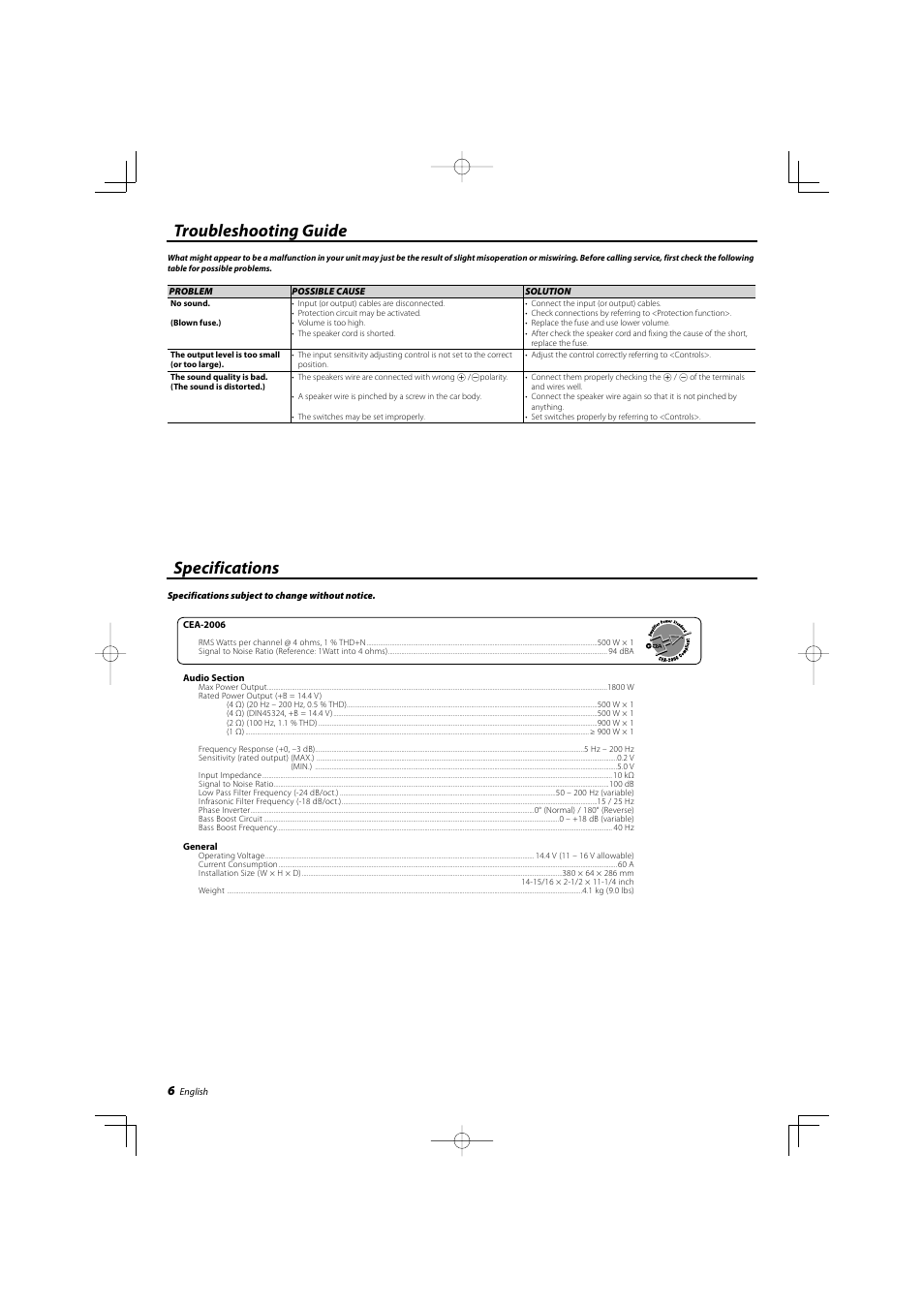 Troubleshooting guide specifications | Kenwood KAC-9103D User Manual | Page 6 / 20