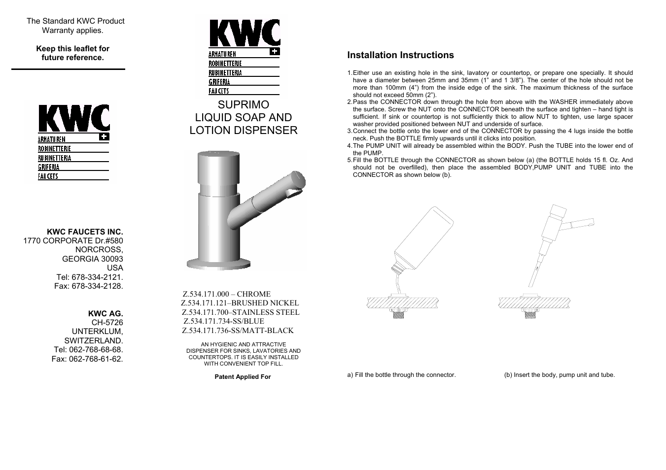 KWC SUPRIMO Z.534.171.000 User Manual | 2 pages