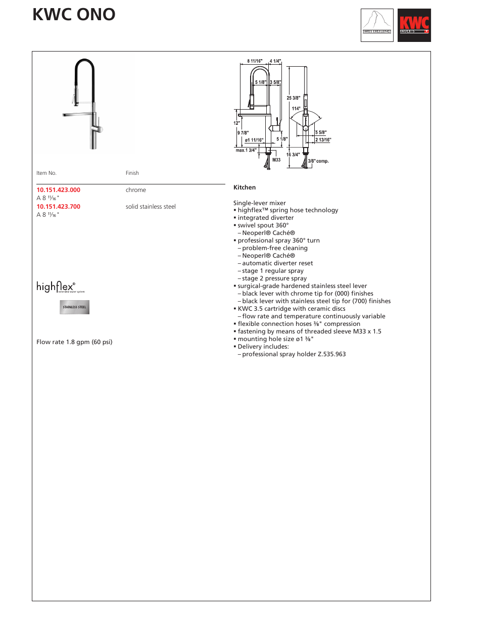 KWC ONO higflex 10.151.423.000 User Manual | 1 page
