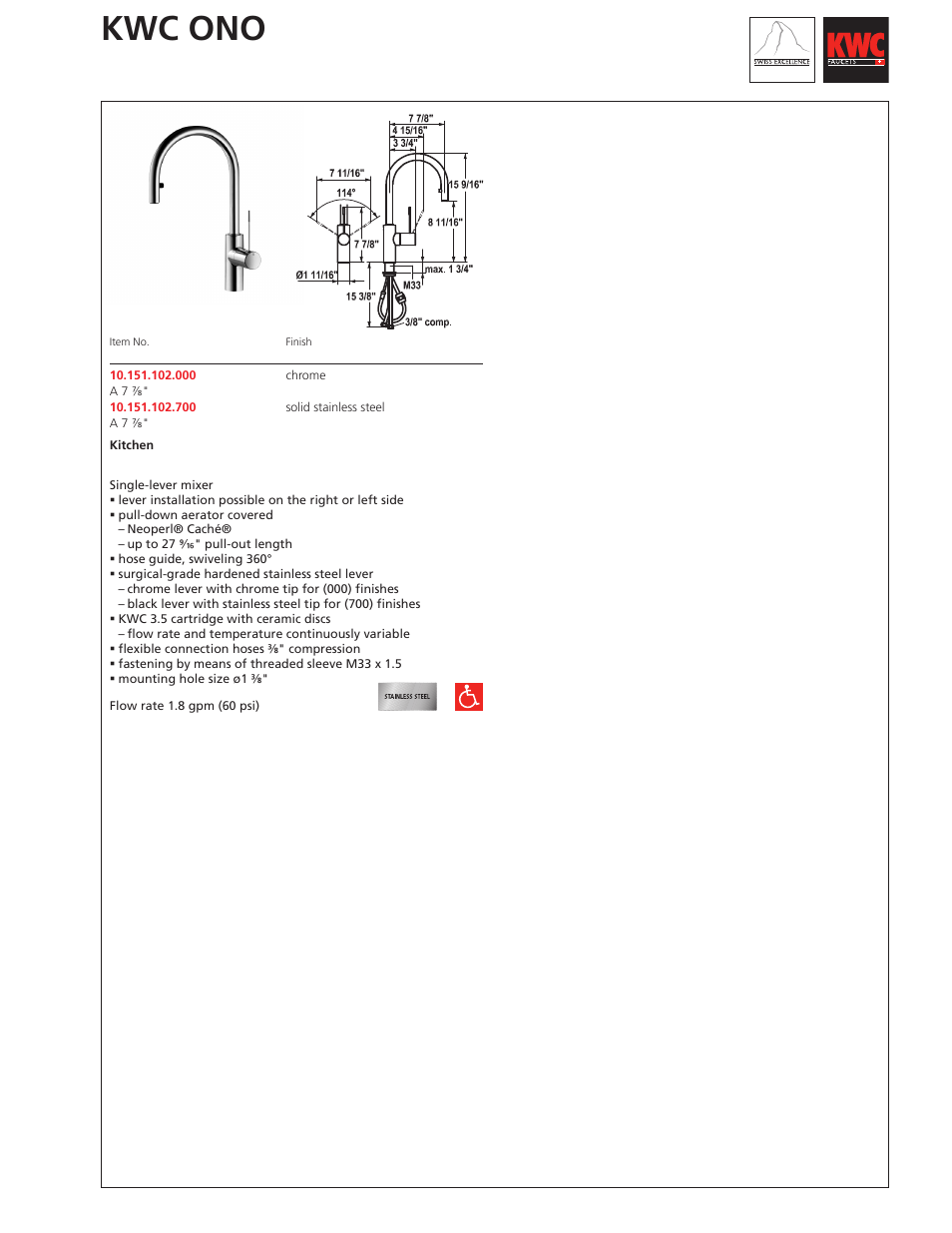 KWC ONO 10.151.102.700 User Manual | 1 page