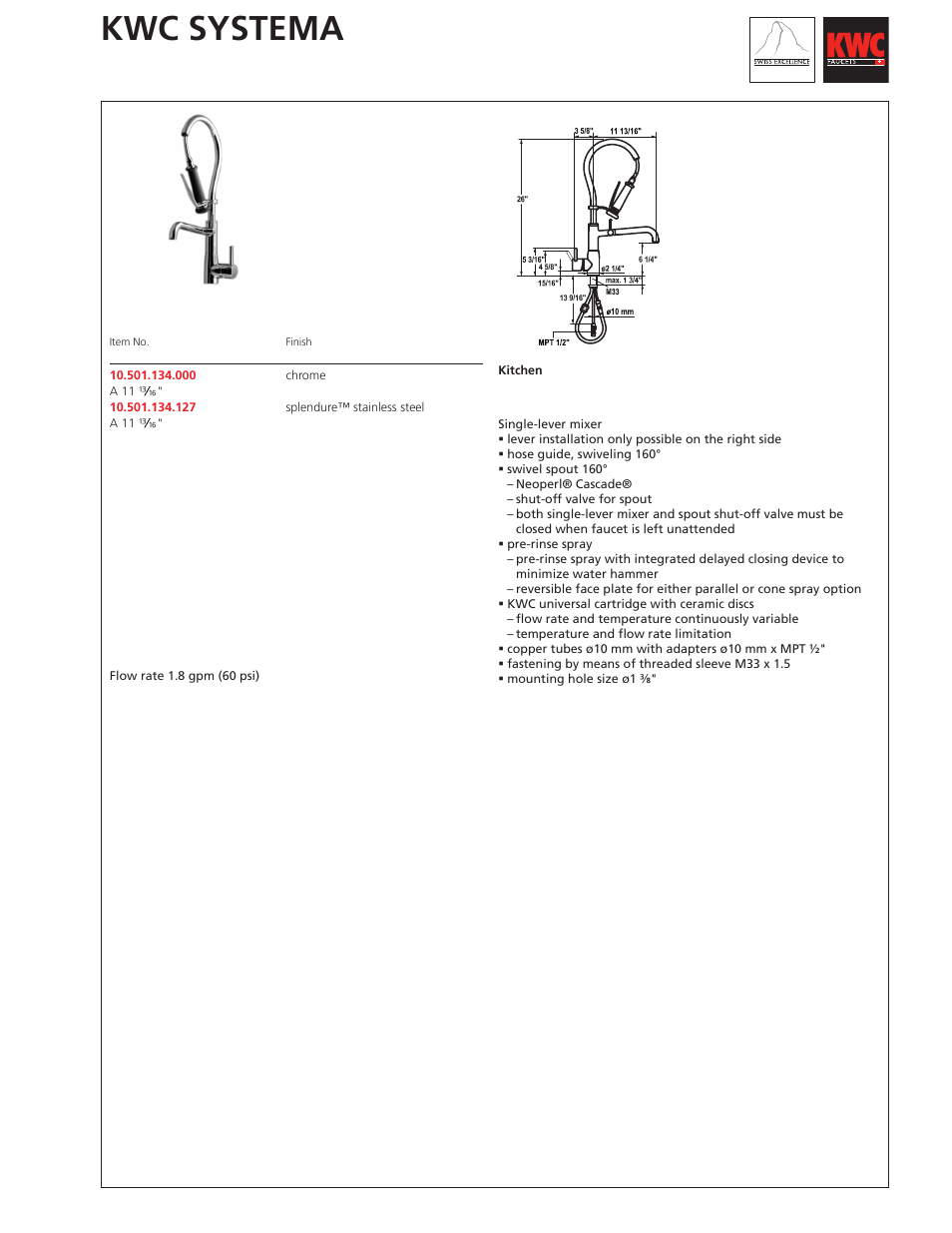KWC SYSTEMA 10.501.134 User Manual | 1 page