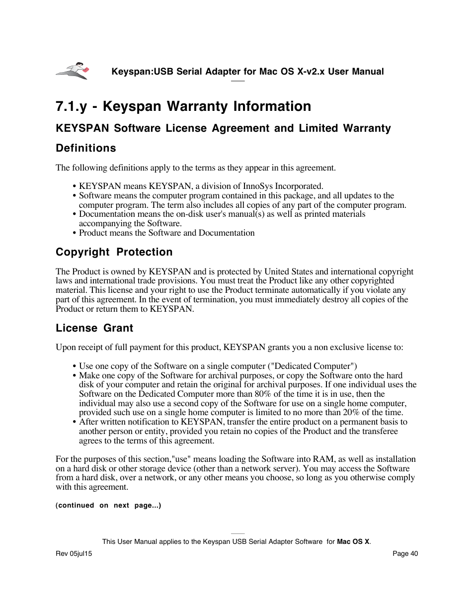 Y - keyspan warranty information | Keyspan USA-19 User Manual | Page 40 / 43