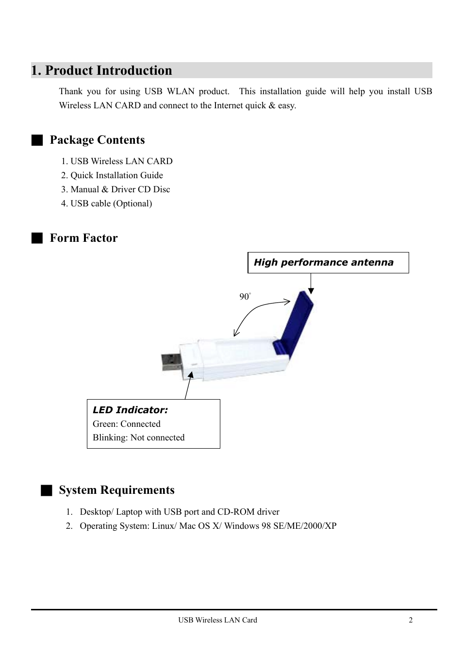 Product introduction, Package contents, Form factor | System requirements | Keyspan USB Wireless LAN CARD none User Manual | Page 3 / 13