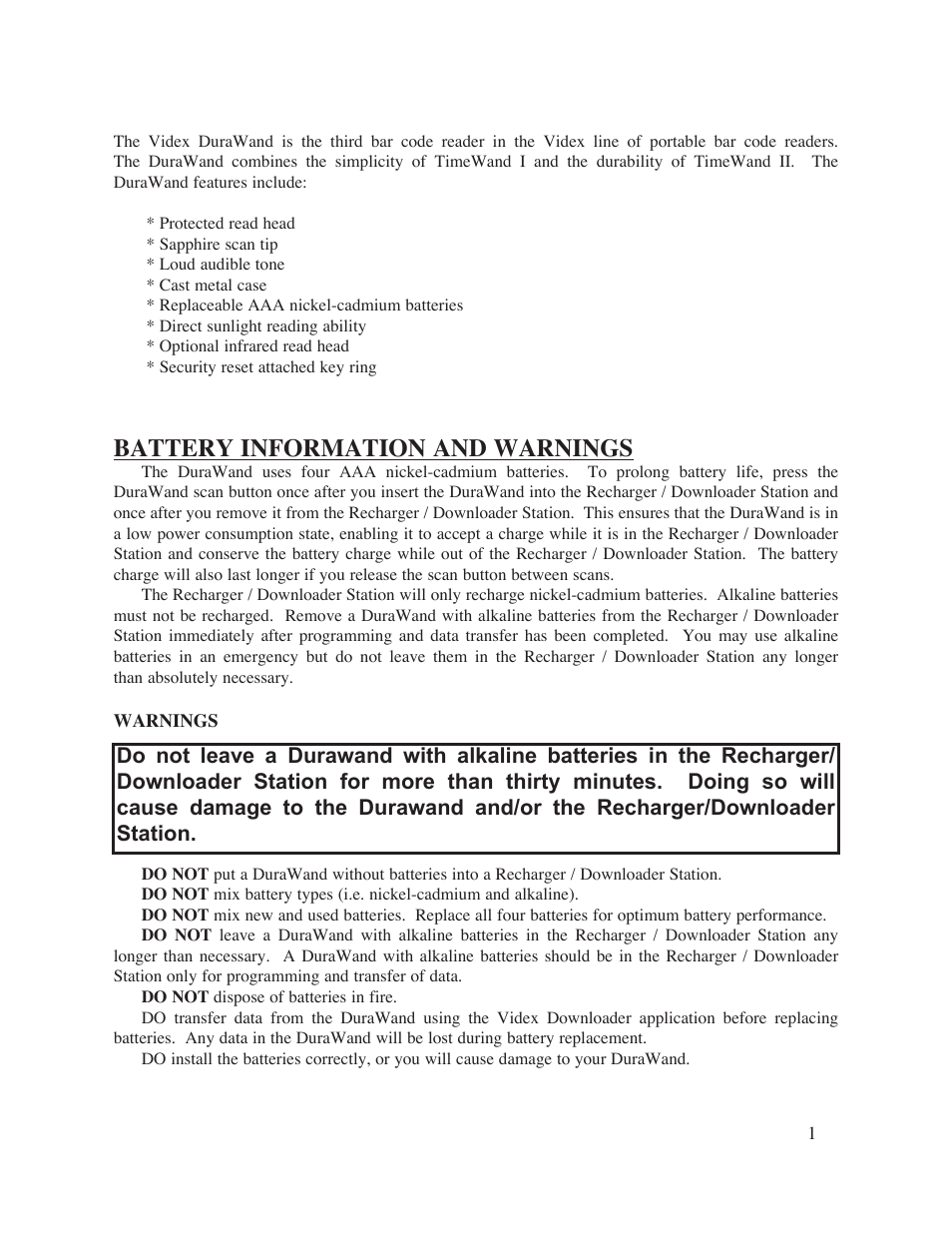 Battery information and warnings | Keyspan Alexadria DuraWand Portable Scanner User Manual | Page 2 / 8