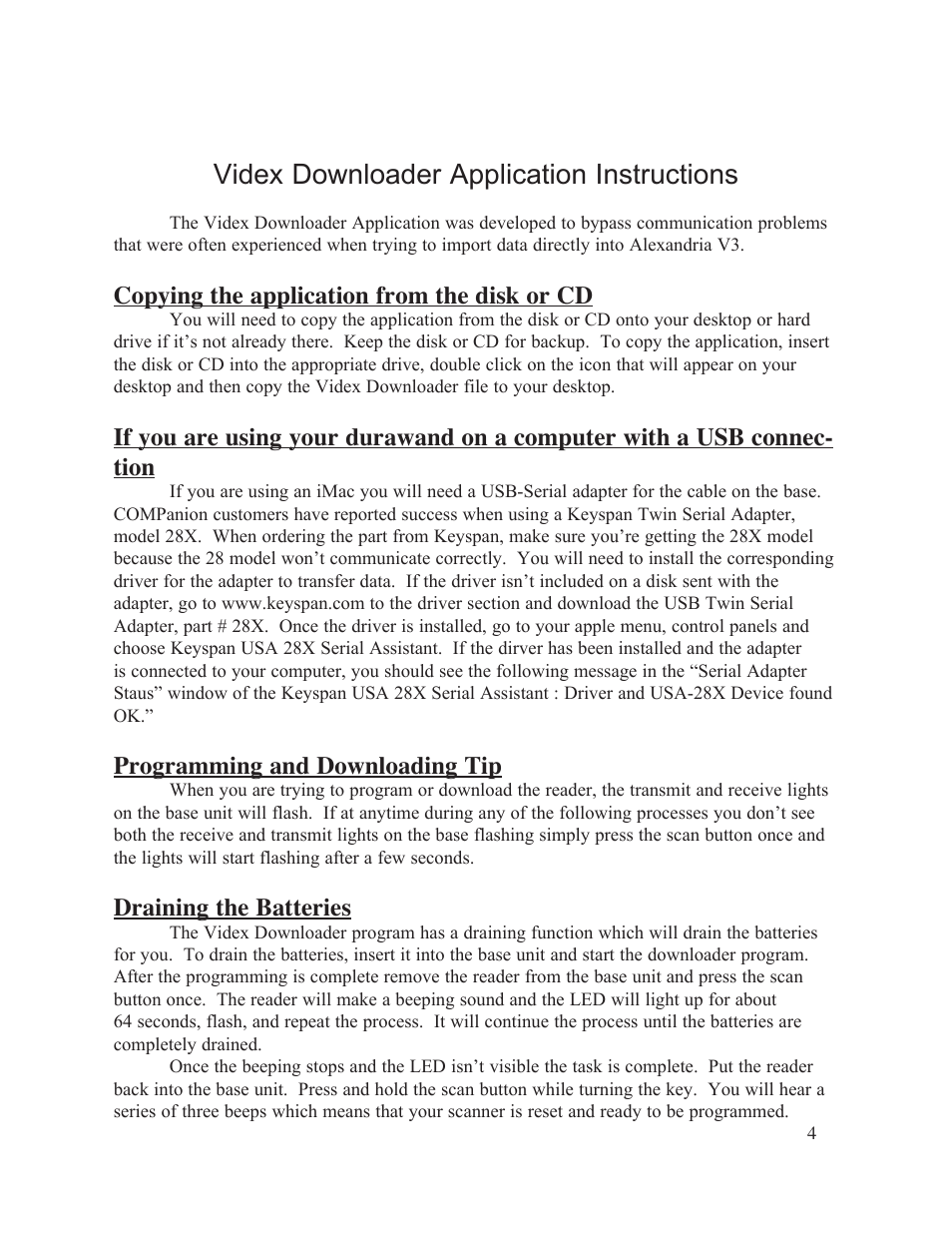 Videx downloader application instructions, Copying the application from the disk or cd, Programming and downloading tip | Draining the batteries | Keyspan Alexadria DuraWand Portable Scanner User Manual | Page 5 / 8