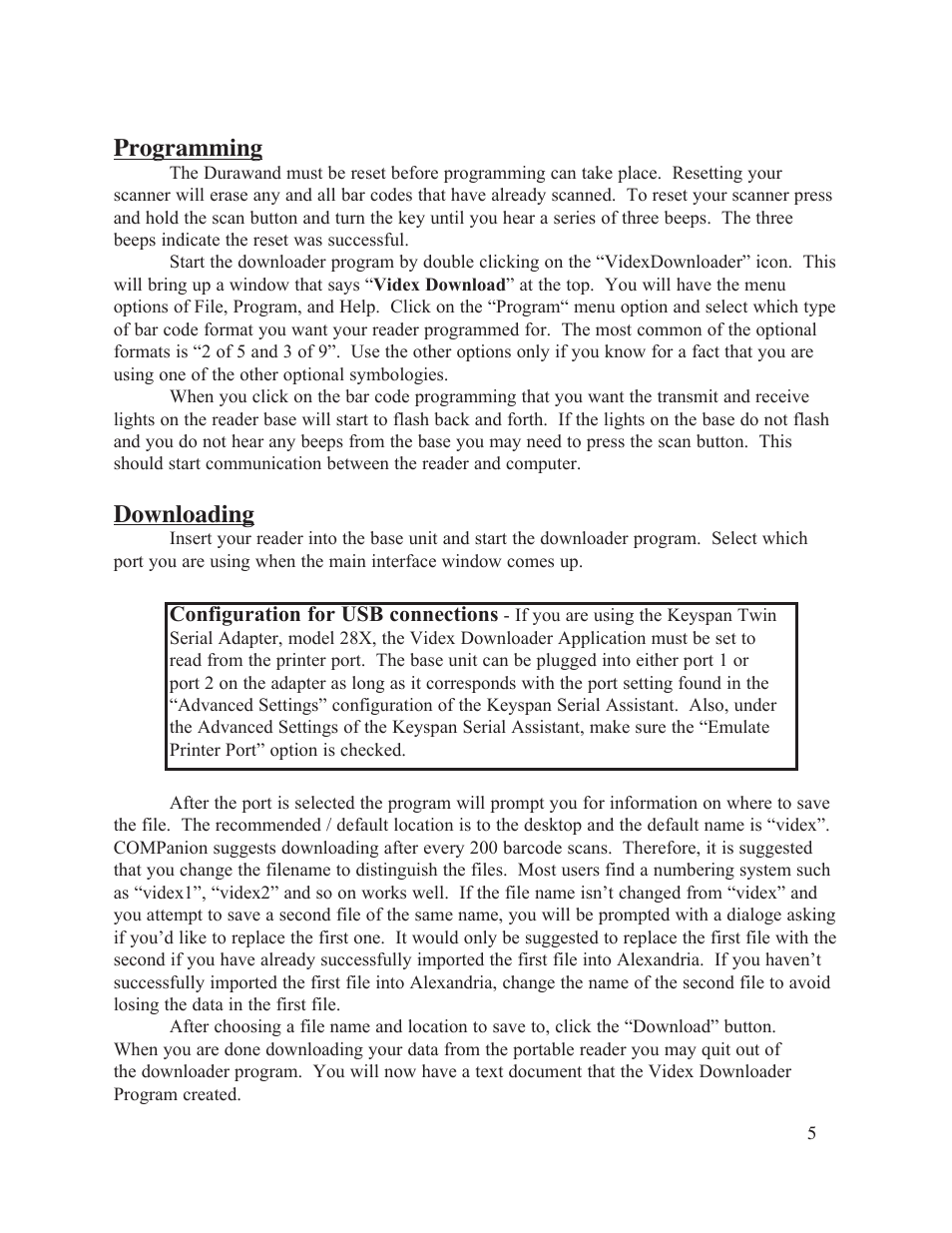 Programming, Downloading | Keyspan Alexadria DuraWand Portable Scanner User Manual | Page 6 / 8