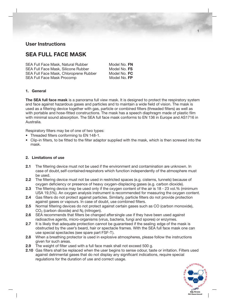 Sea full face mask, User instructions | Keyspan Full Face Mask 9000422 E User Manual | Page 3 / 12