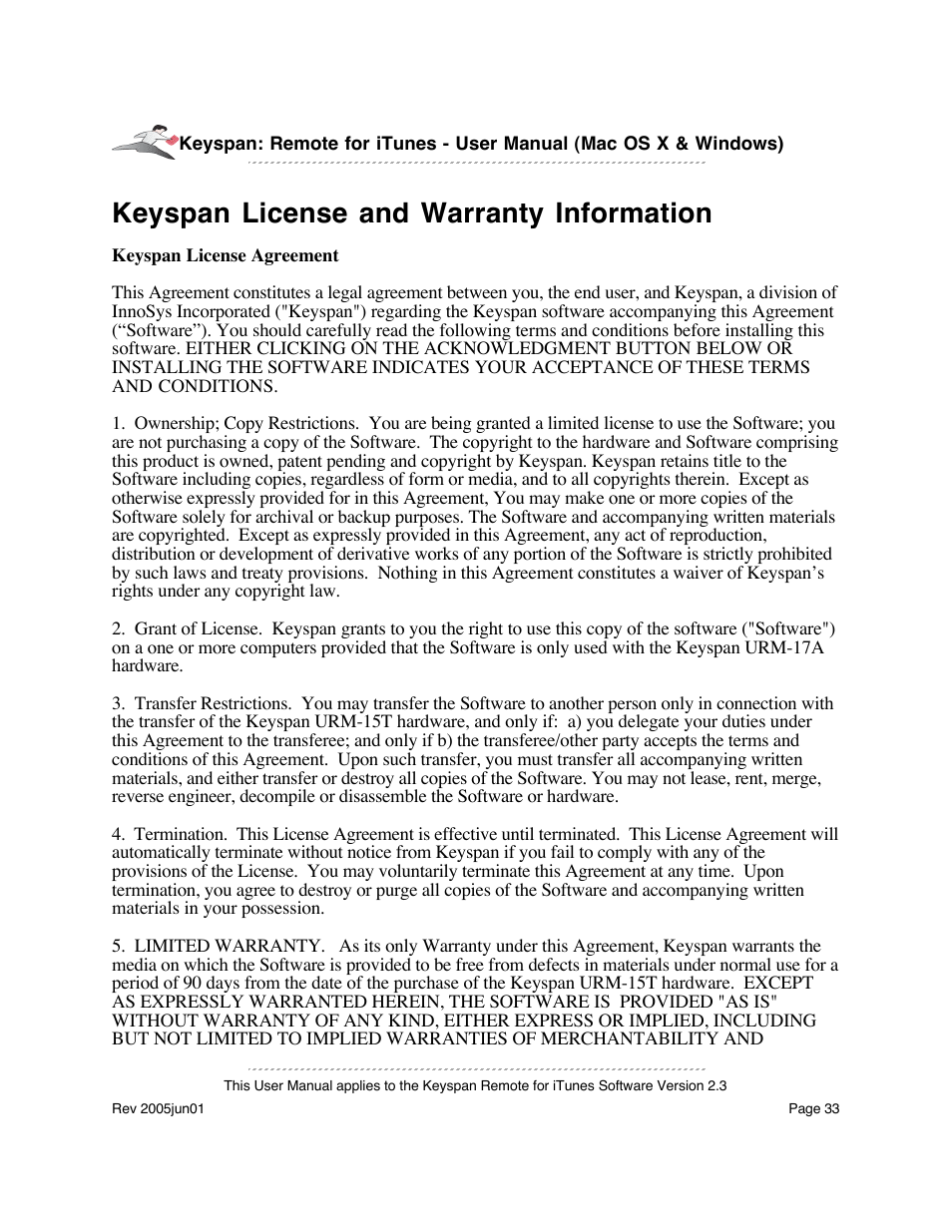 Keyspan license and warranty information | Keyspan URM-17A User Manual | Page 33 / 36