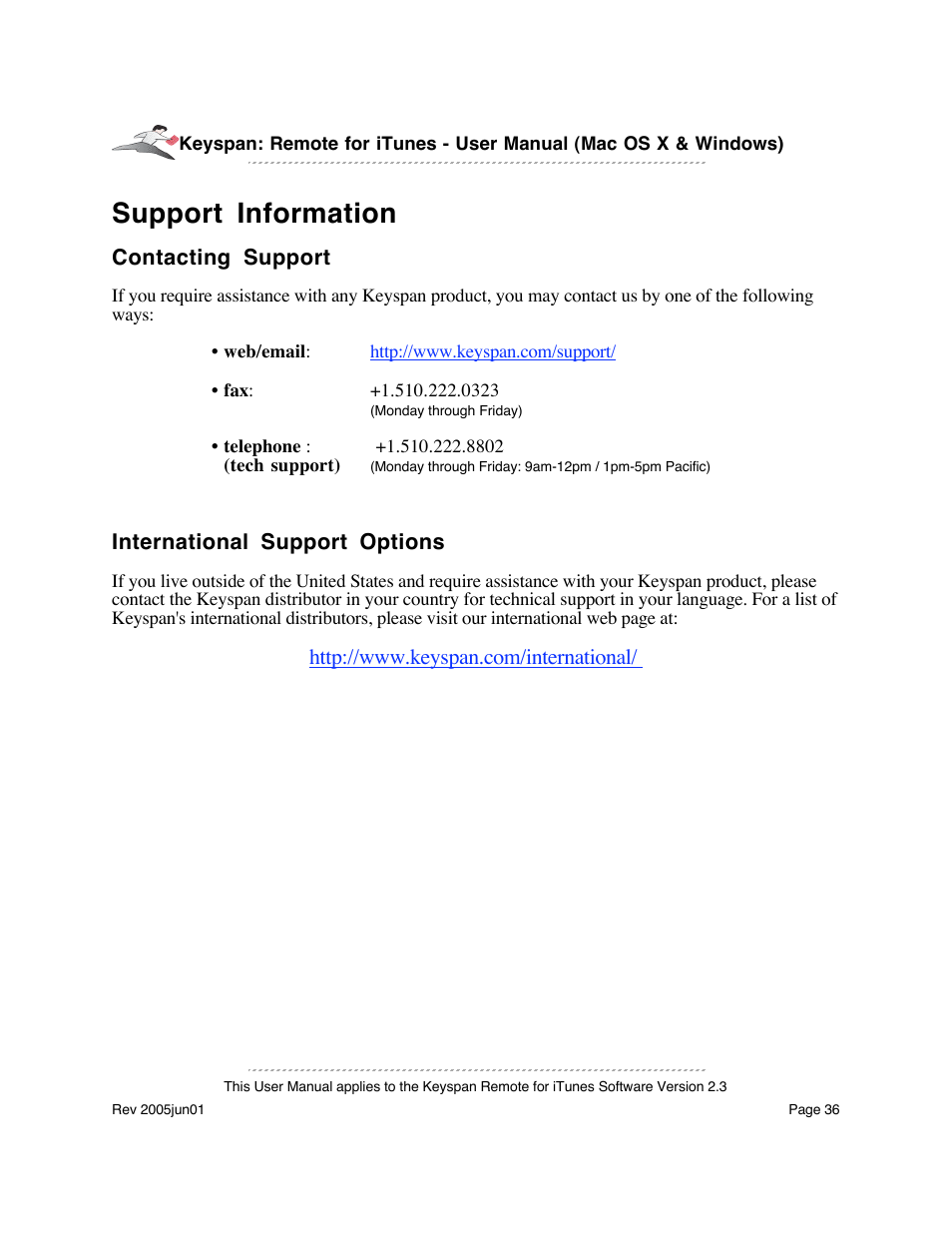 Support information | Keyspan URM-17A User Manual | Page 36 / 36