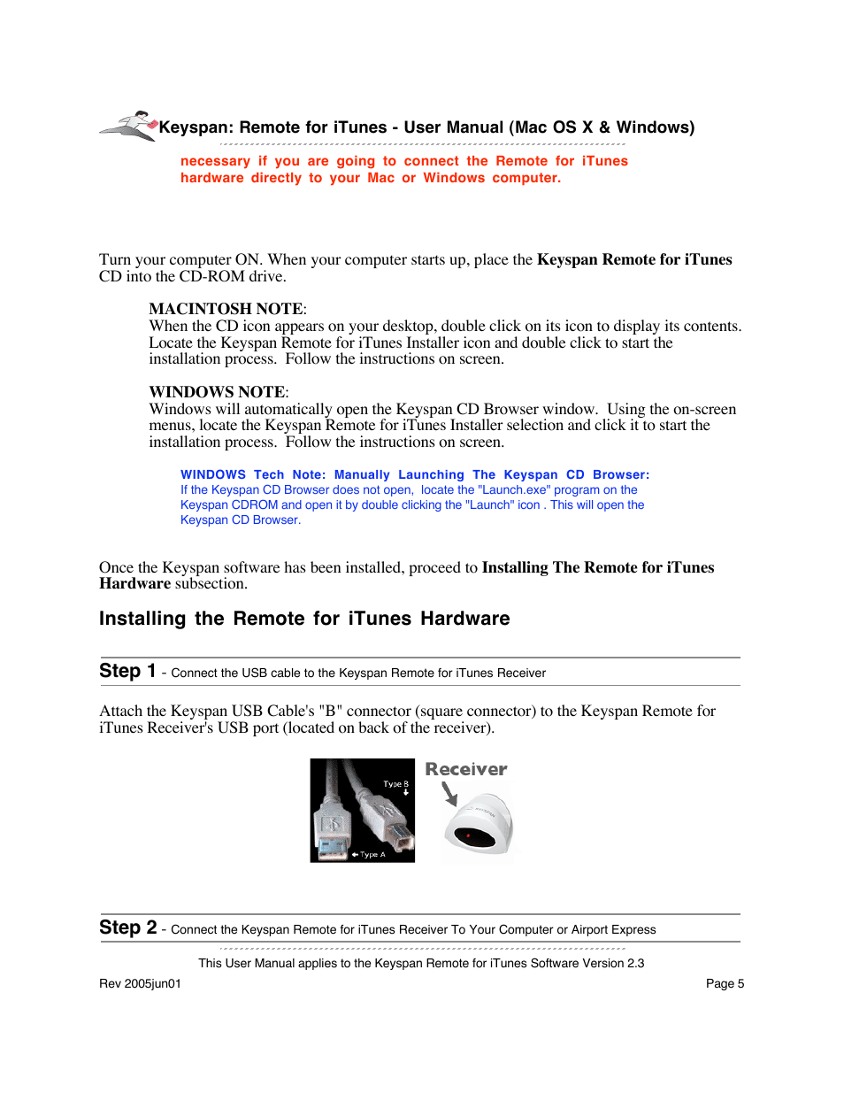 Installing the remote for itunes hardware step 1, Step 2 | Keyspan URM-17A User Manual | Page 5 / 36