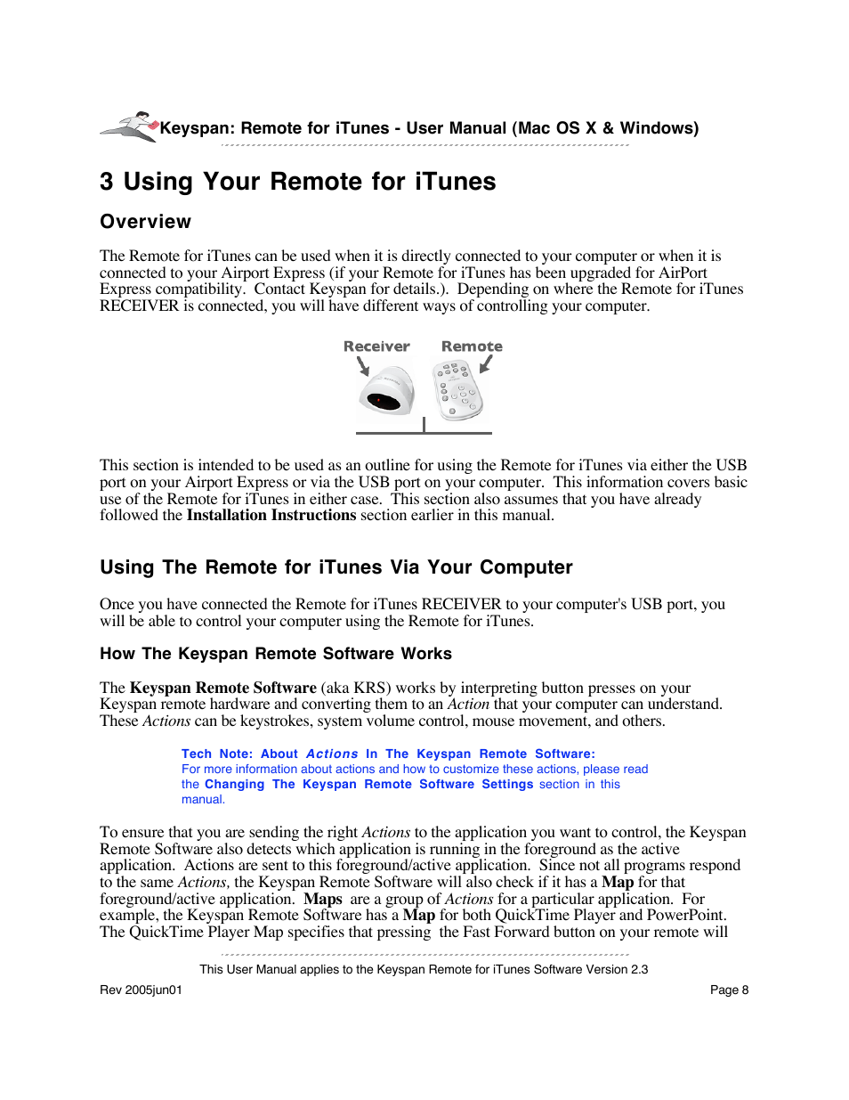 3 using your remote for itunes, Overview, Using the remote for itunes via your computer | Keyspan URM-17A User Manual | Page 8 / 36