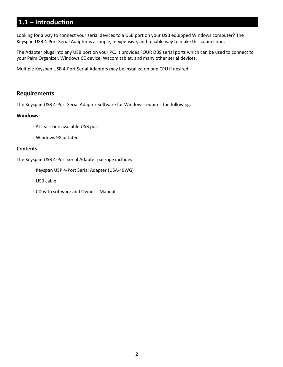 1 – introduction | Keyspan USA-49WG User Manual | Page 2 / 23
