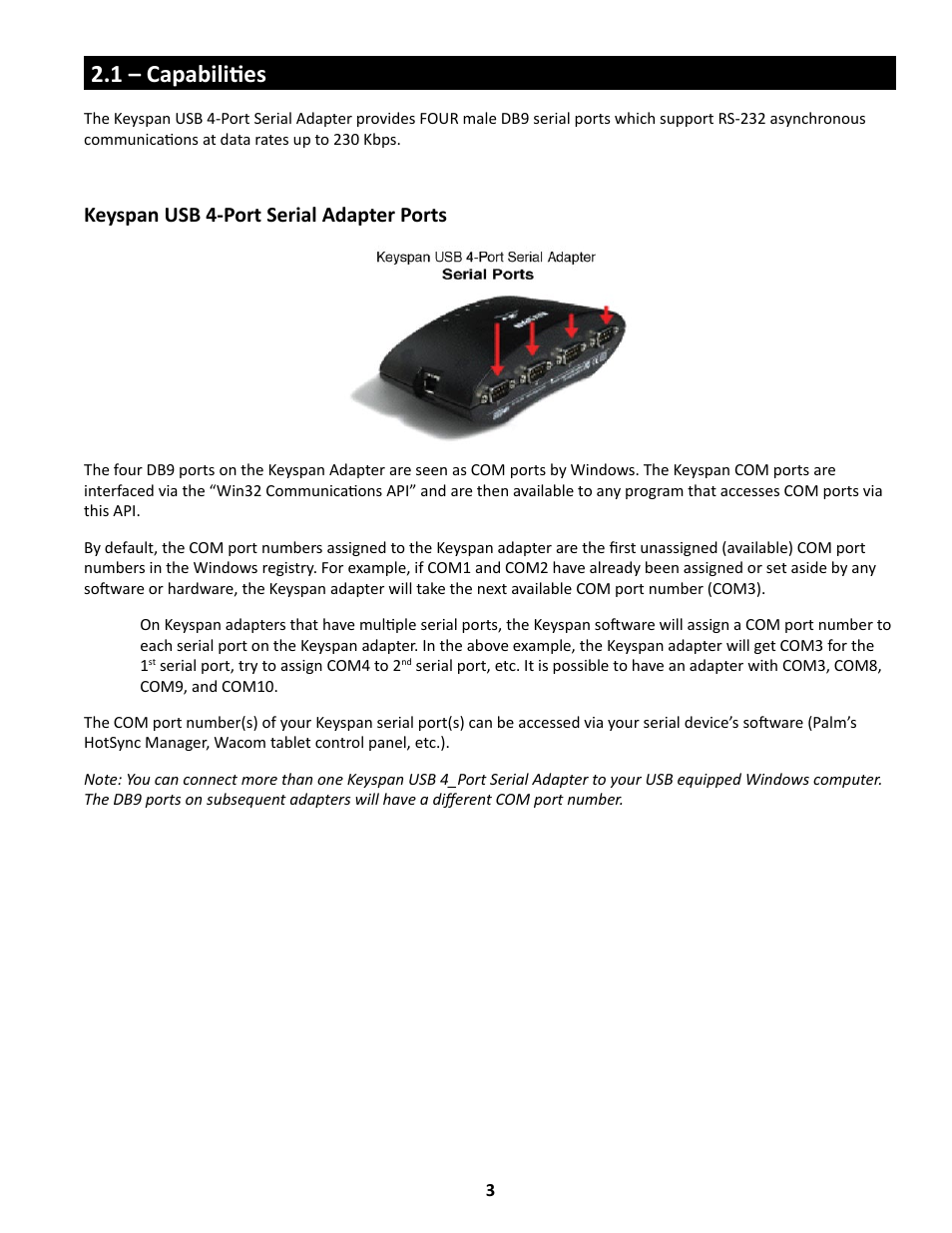 1 – capabilities, Keyspan usb 4-port serial adapter ports | Keyspan USA-49WG User Manual | Page 3 / 23
