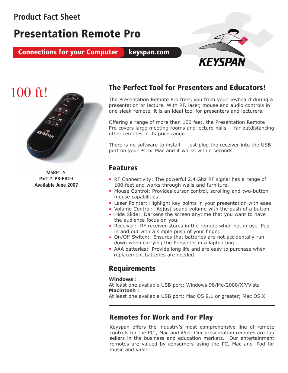 Keyspan PR-PRO3 User Manual | 1 page