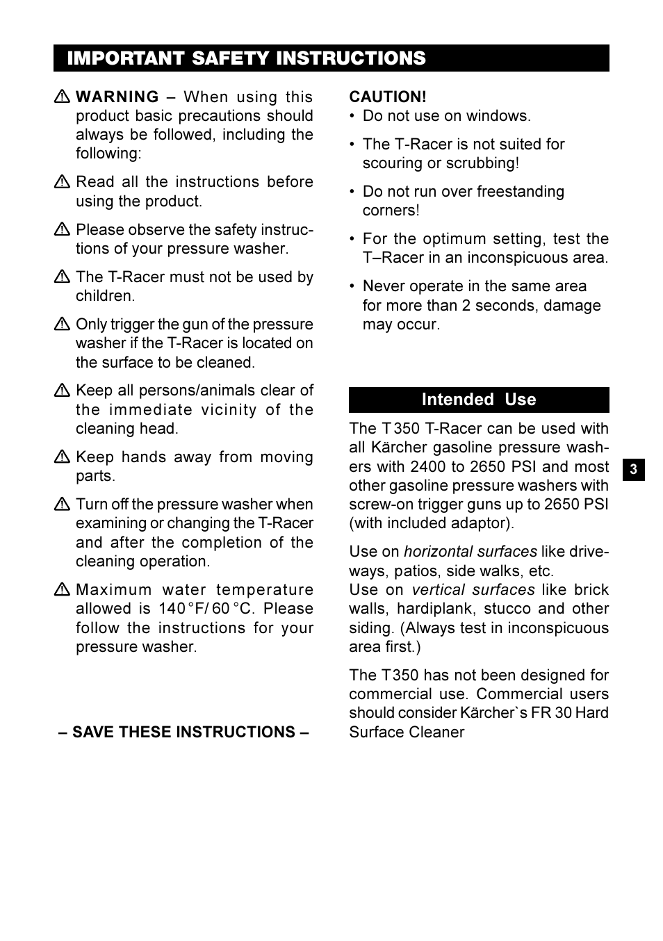 Important safety instructions | Karcher T350 T-Racer User Manual | Page 3 / 8