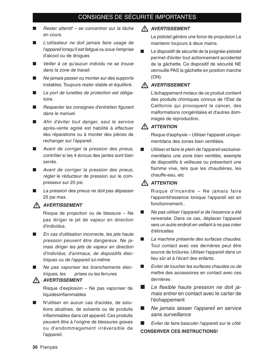 Consignes de sécurité importantes | Karcher G2800XH User Manual | Page 30 / 40