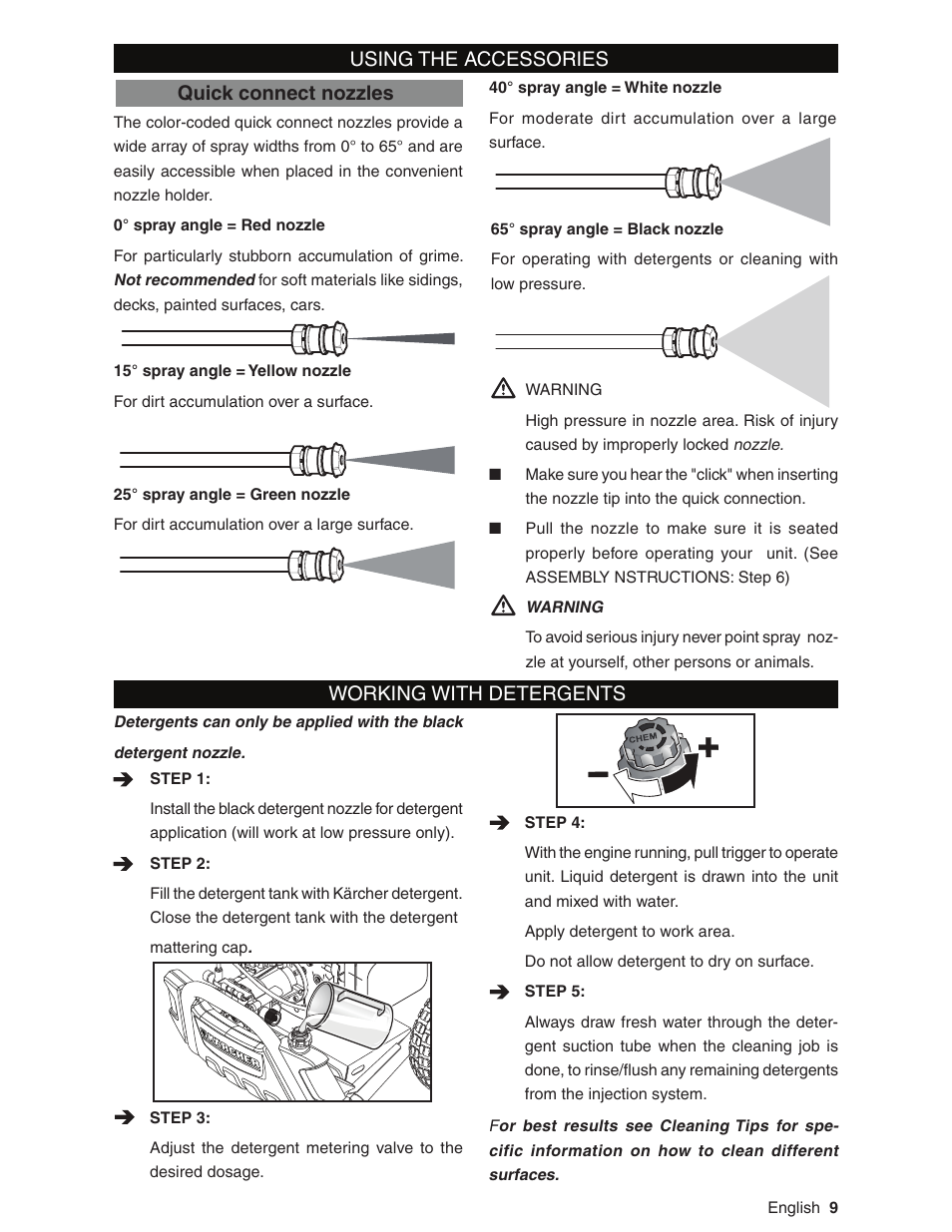 Using the accessories working with detergents, Quick connect nozzles | Karcher G2800XH User Manual | Page 9 / 40