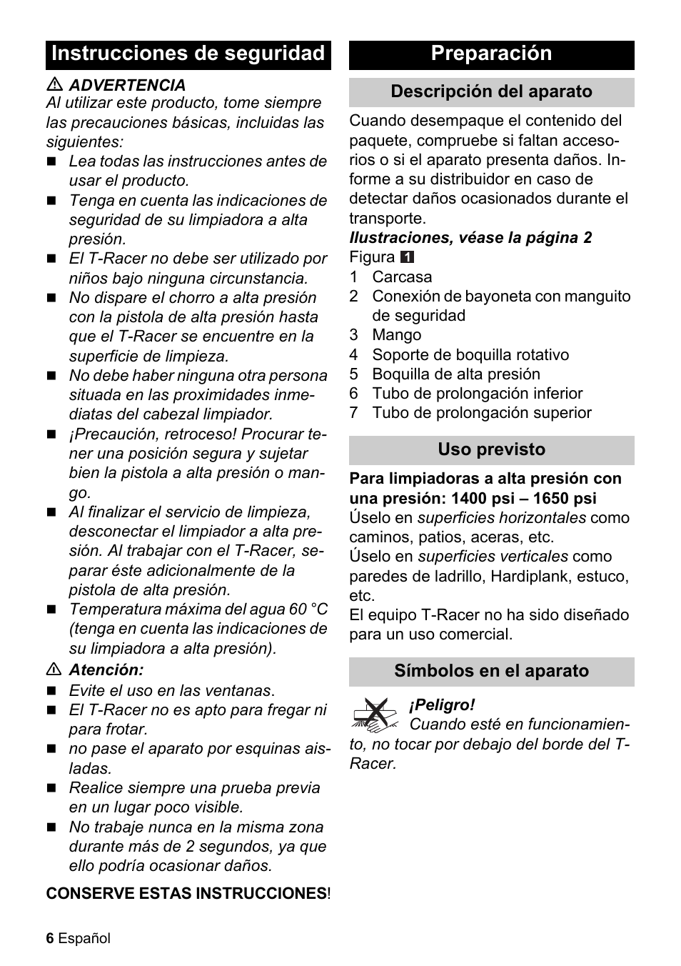 Instrucciones de seguridad preparación | Karcher T-RACER T 200 User Manual | Page 6 / 12
