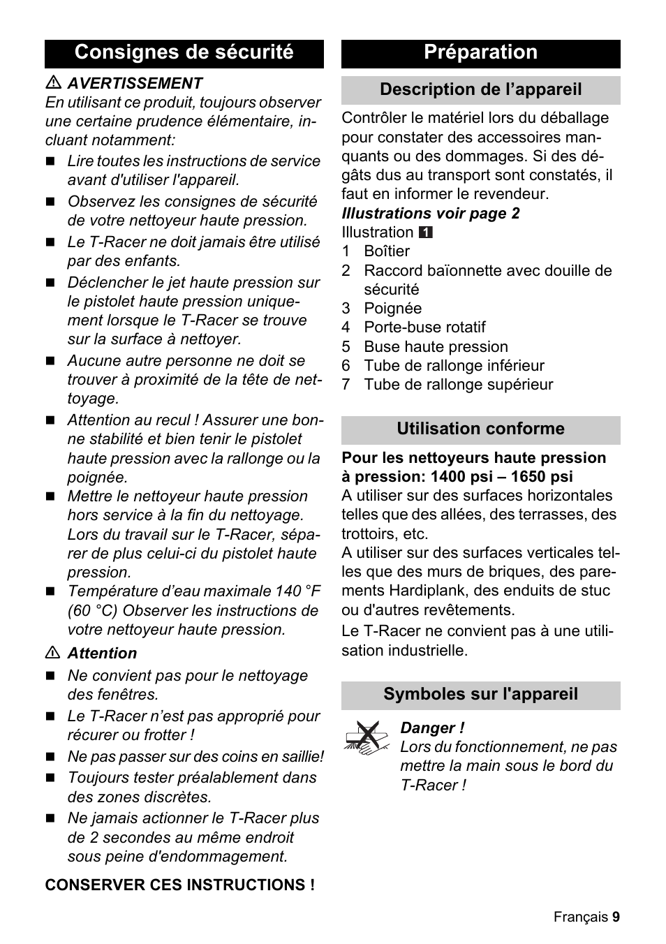 Consignes de sécurité préparation | Karcher T-RACER T 200 User Manual | Page 9 / 12