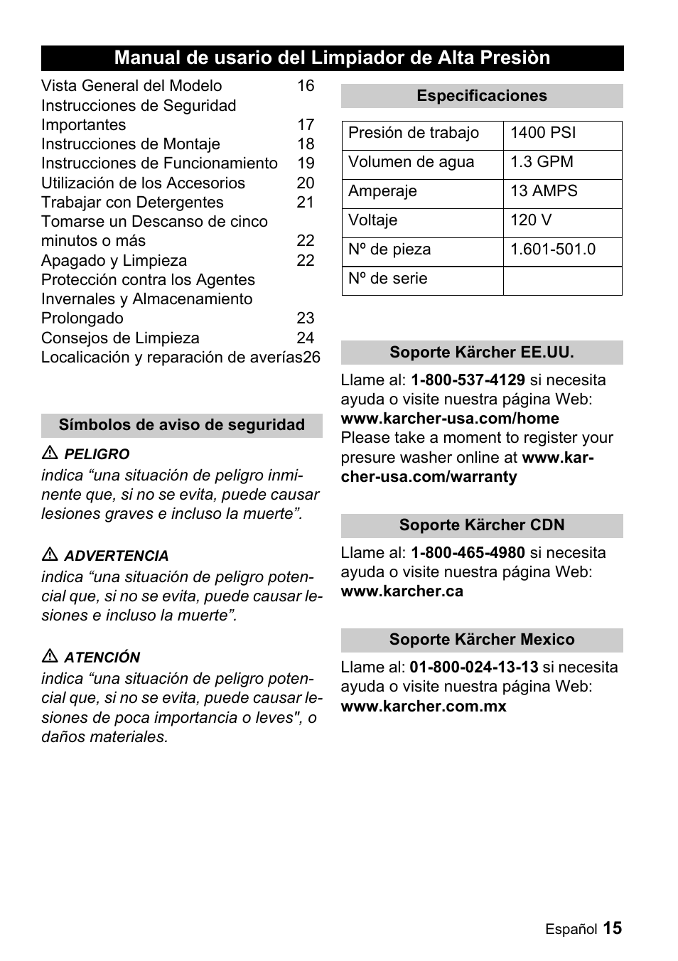 Manual de usario del limpiador de alta presiòn | Karcher K 2.55 User Manual | Page 15 / 44