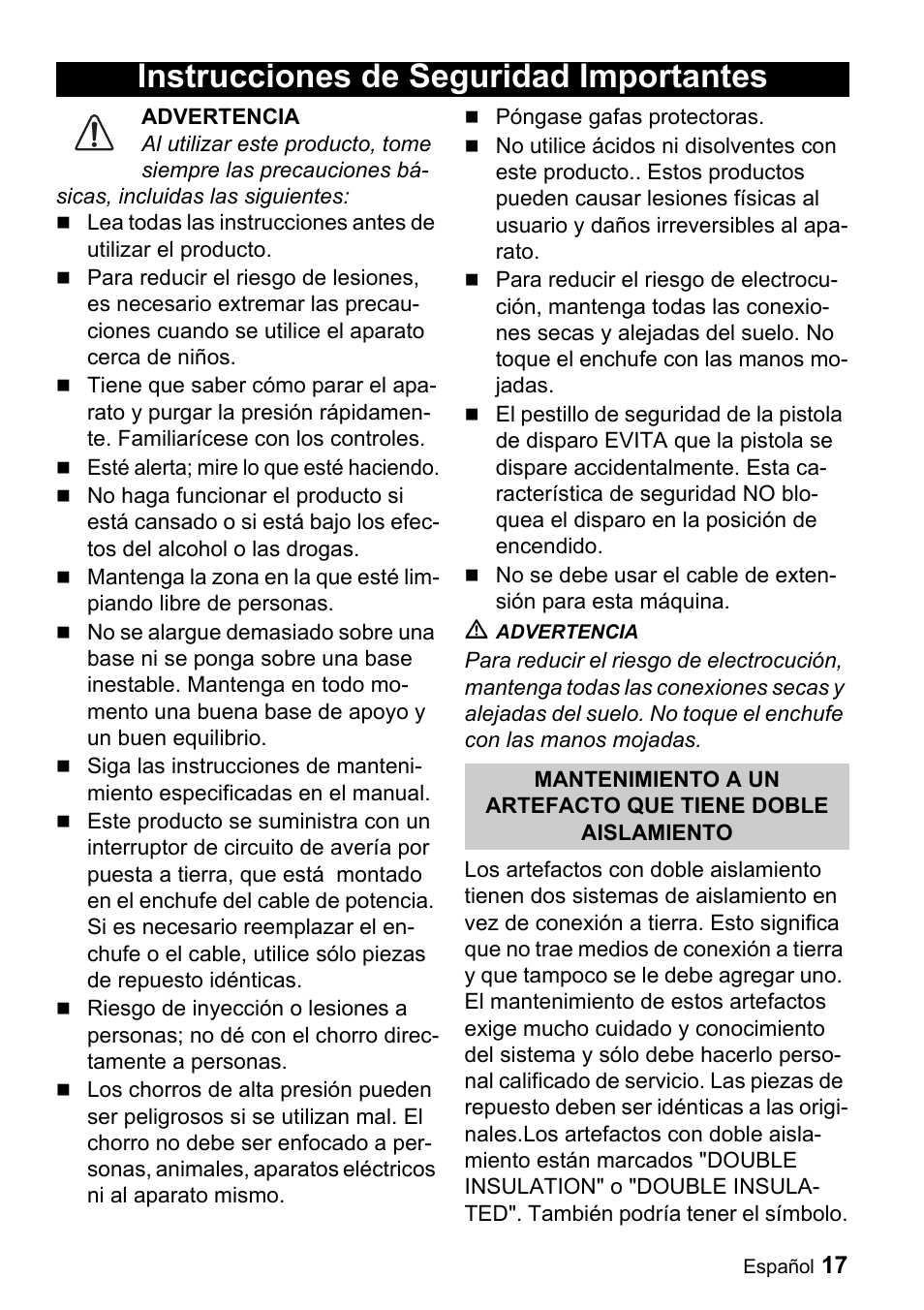 Instrucciones de seguridad importantes | Karcher K 2.55 User Manual | Page 17 / 44