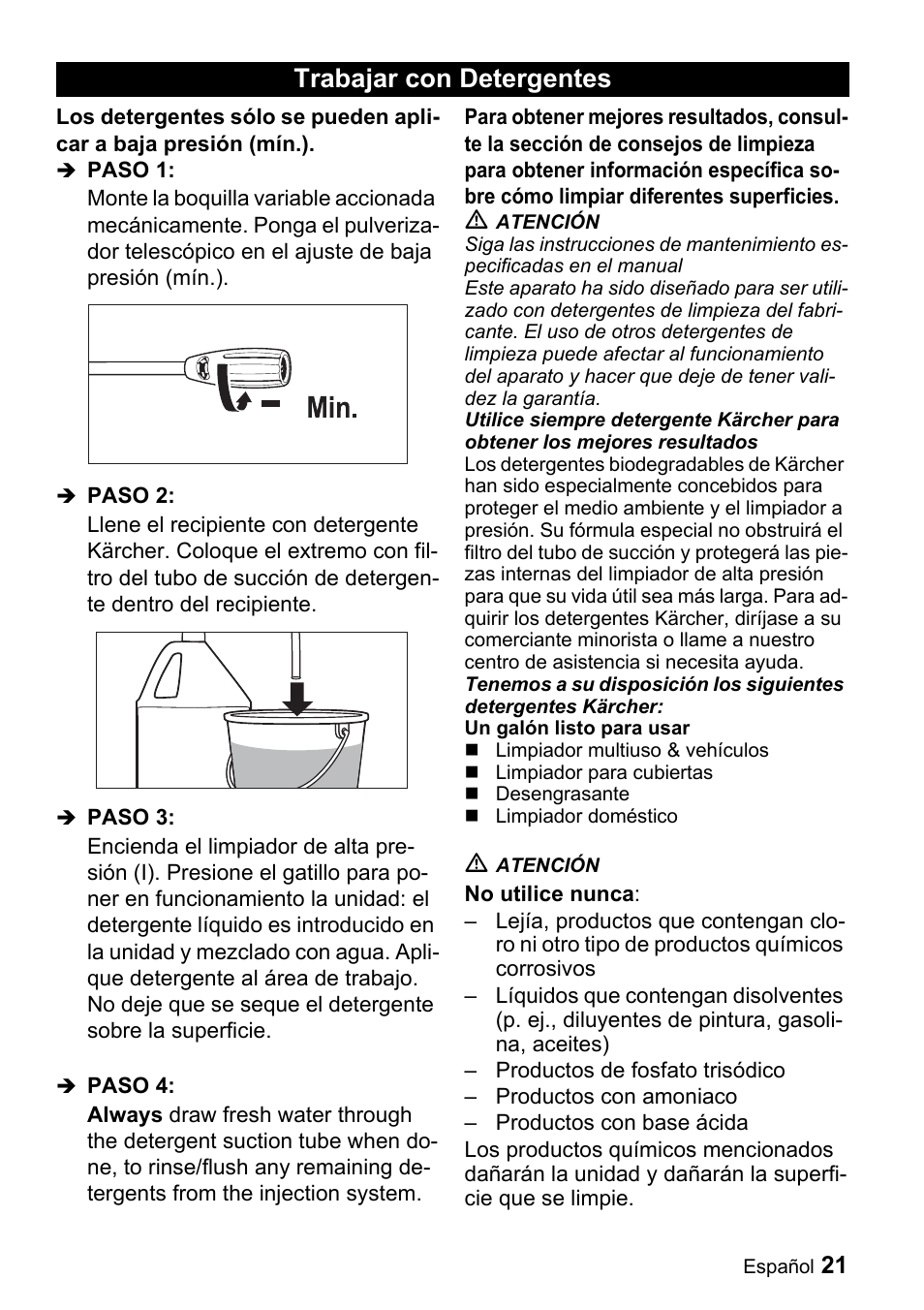 Trabajar con detergentes | Karcher K 2.55 User Manual | Page 21 / 44