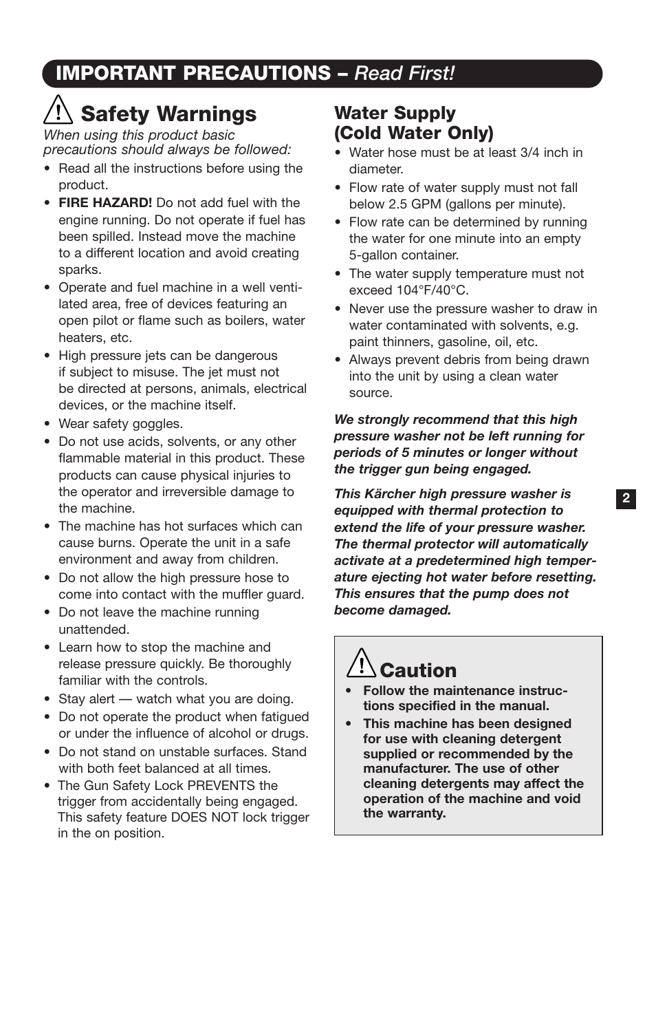 Safety warnings, Important precautions – read first, Caution | Water supply (cold water only) | Karcher K9000G User Manual | Page 3 / 12