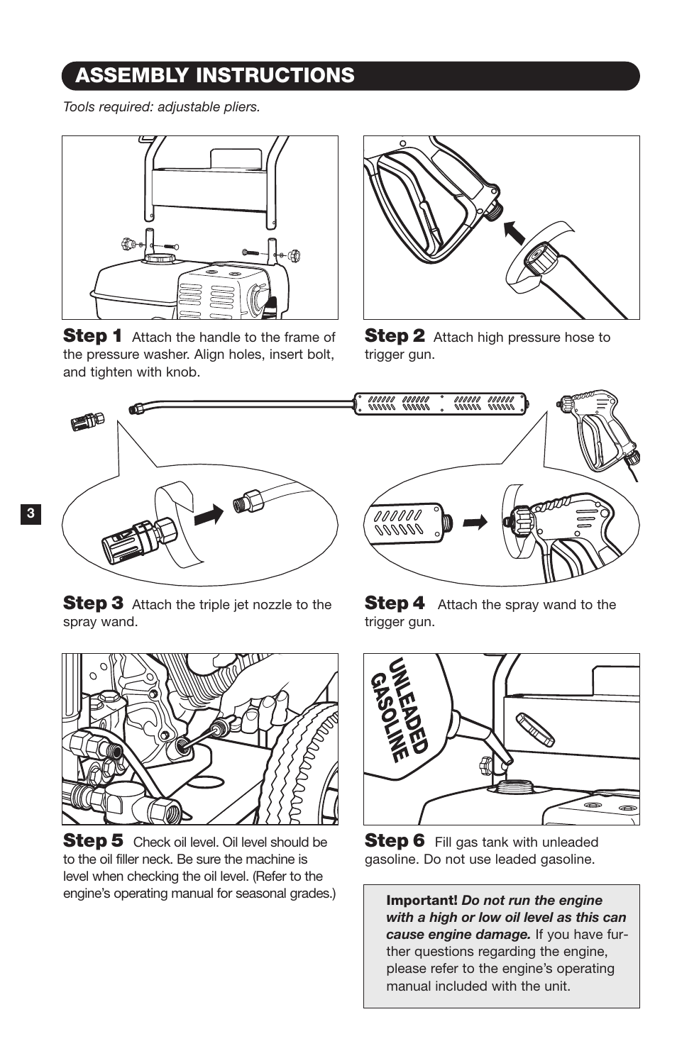Assembly instructions, Step 1, Step 3 | Step 4, Step 2, Step 5, Step 6 | Karcher K9000G User Manual | Page 4 / 12