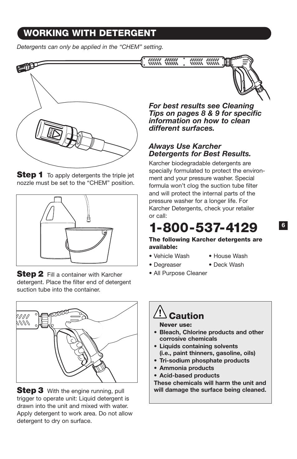 Working with detergent, Caution, Step 1 | Step 2, Step 3 | Karcher K9000G User Manual | Page 7 / 12