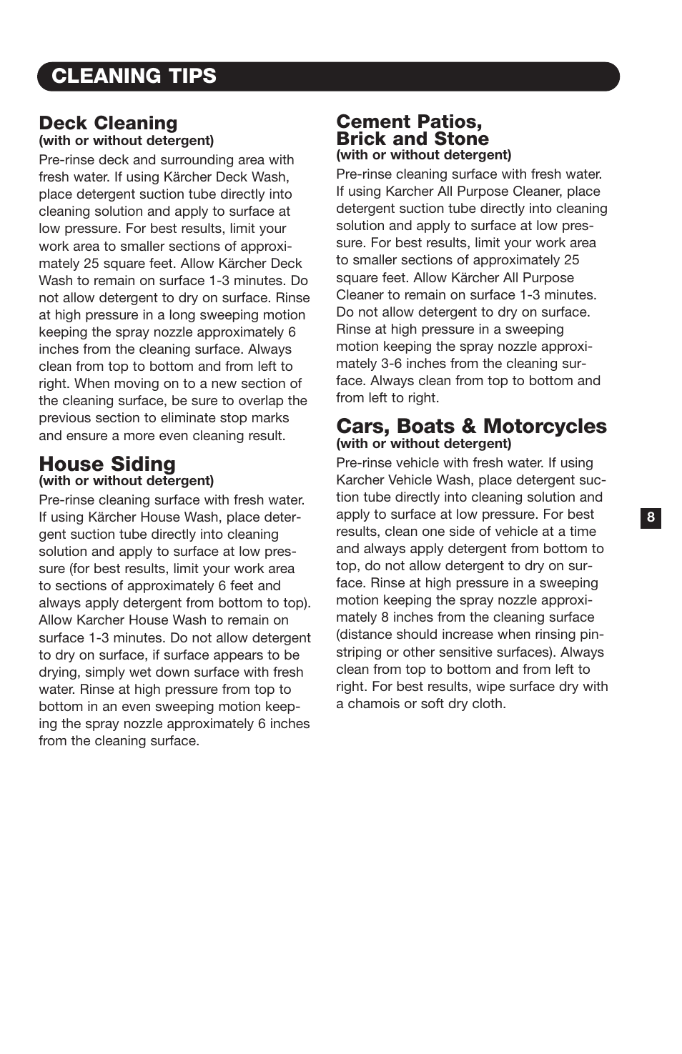 Cleaning tips, House siding, Cars, boats & motorcycles | Deck cleaning, Cement patios, brick and stone | Karcher K9000G User Manual | Page 9 / 12