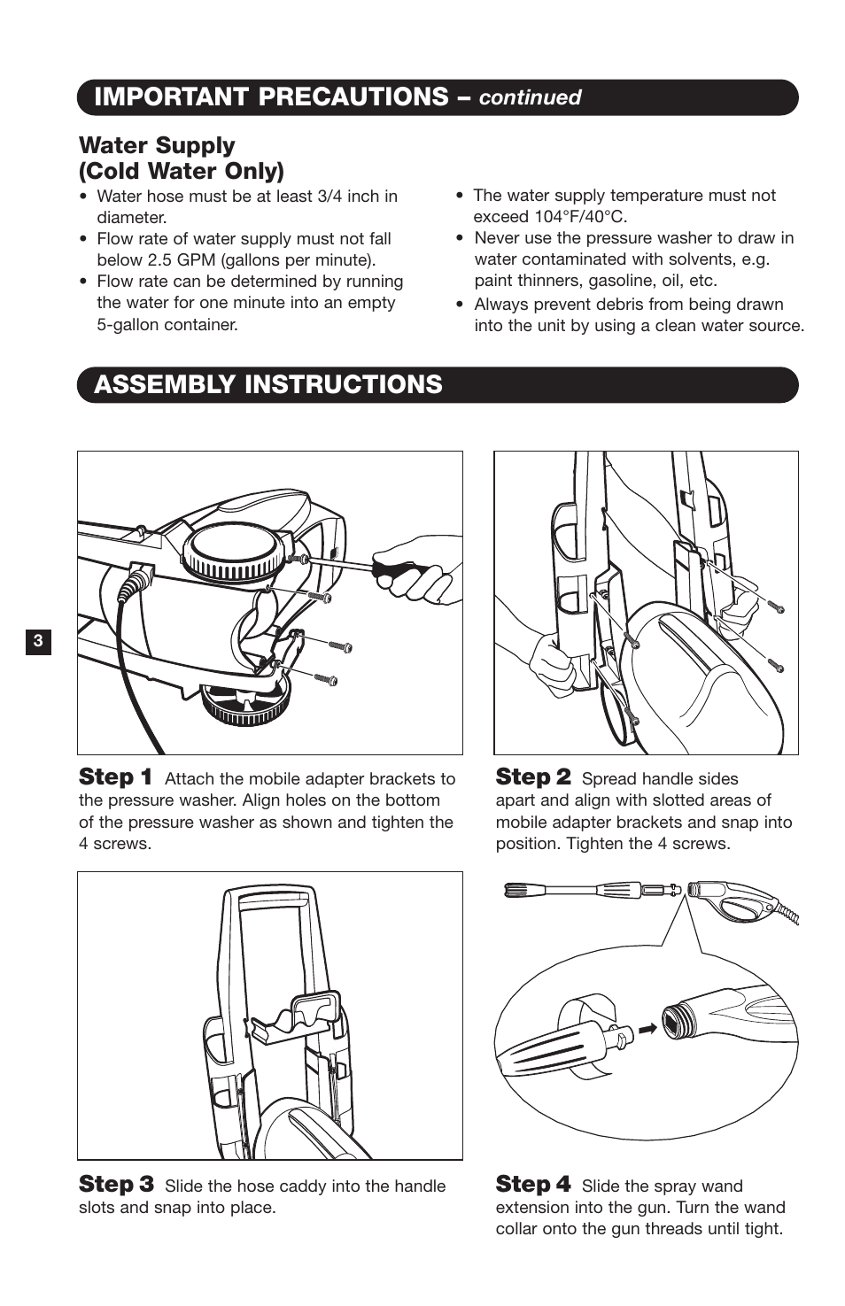 Assembly instructions, Important precautions, Step 4 | Step 3, Step 1, Step 2, Water supply (cold water only) | Karcher K 460 M User Manual | Page 4 / 12