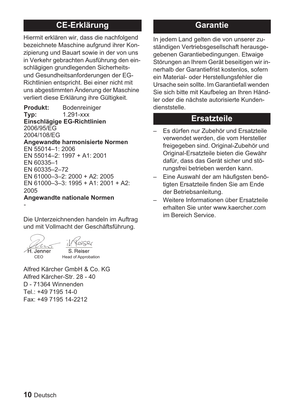 Ce-erklärung, Garantie ersatzteile | Karcher BDP 1500 User Manual | Page 10 / 220