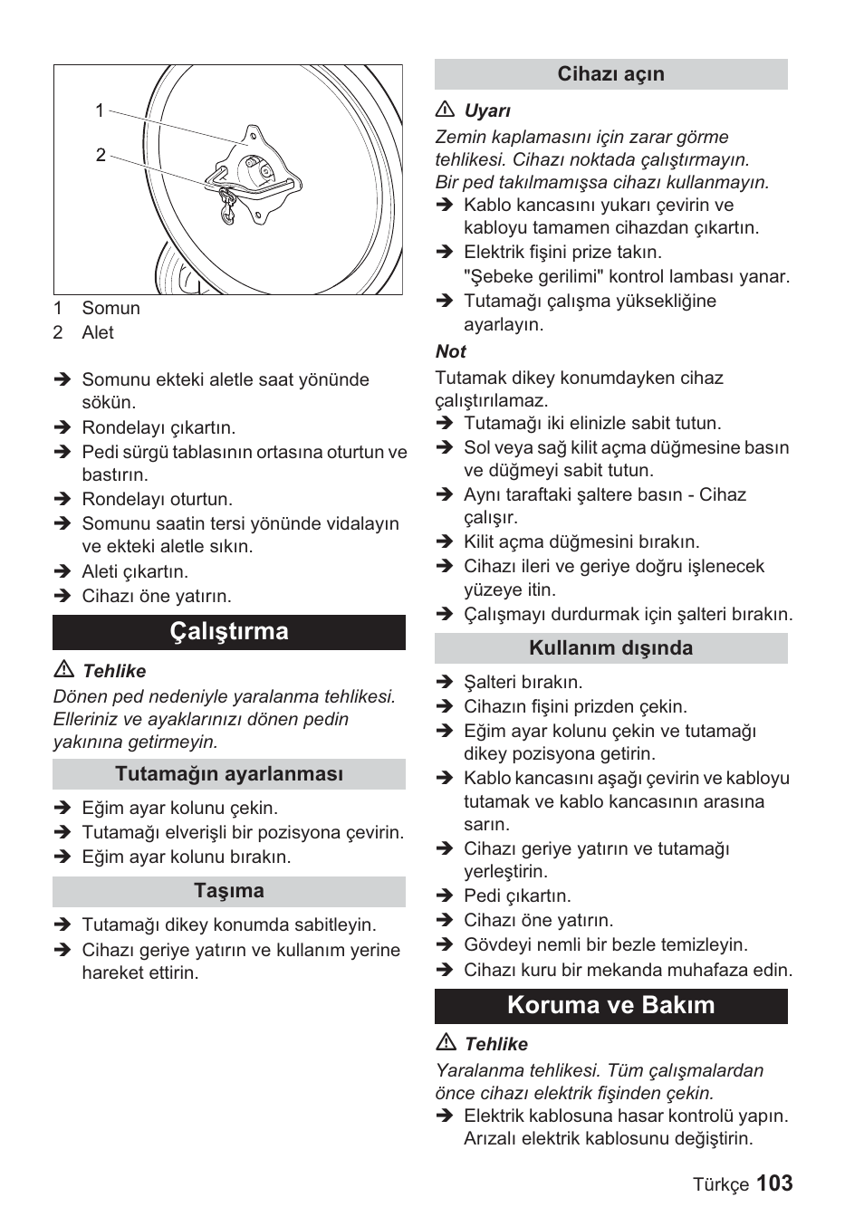 Çalõútõrma, Koruma ve bakõm | Karcher BDP 1500 User Manual | Page 103 / 220