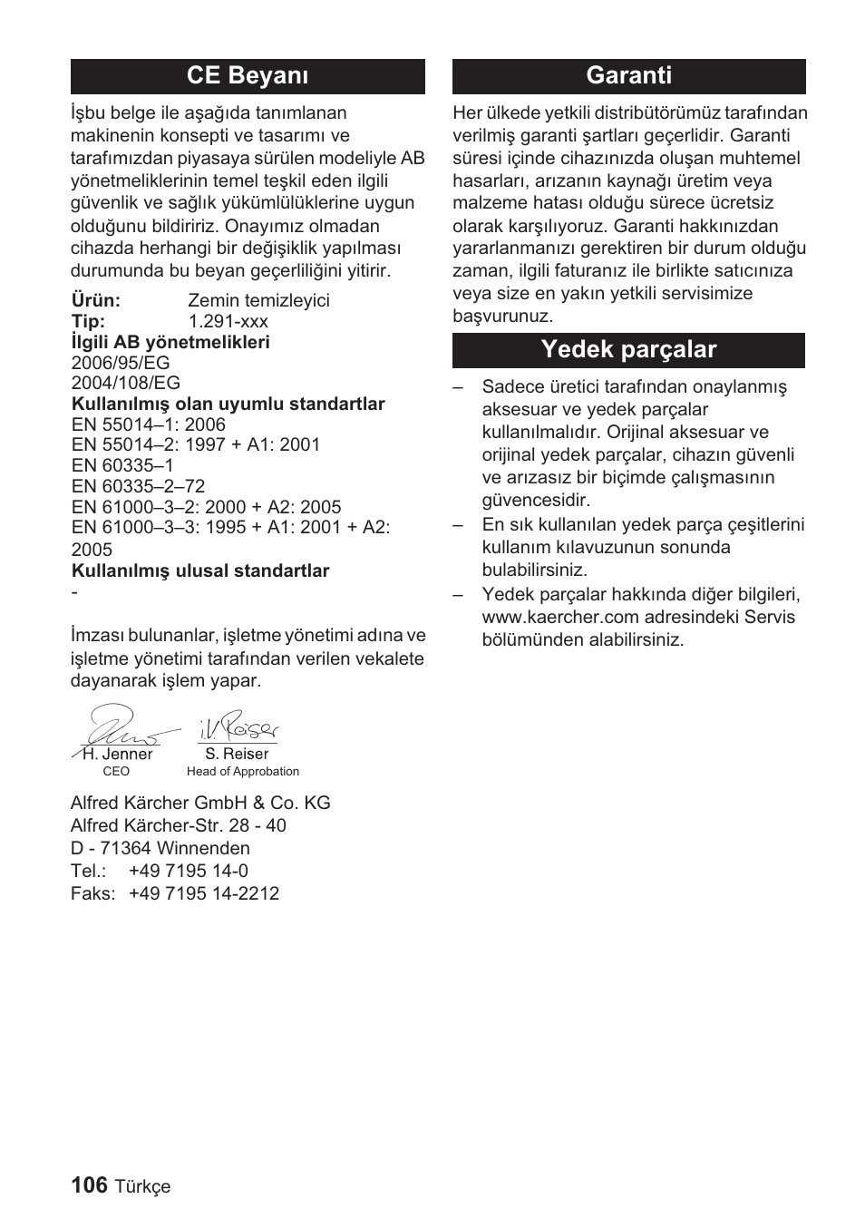 Ce beyanõ, Garanti yedek parçalar | Karcher BDP 1500 User Manual | Page 106 / 220