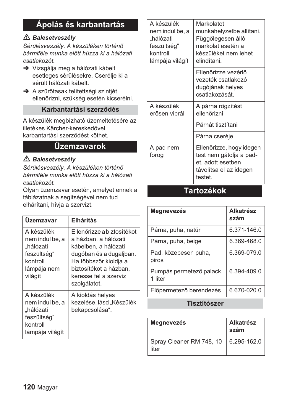 Ápolás és karbantartás, Üzemzavarok, Tartozékok | Karcher BDP 1500 User Manual | Page 120 / 220