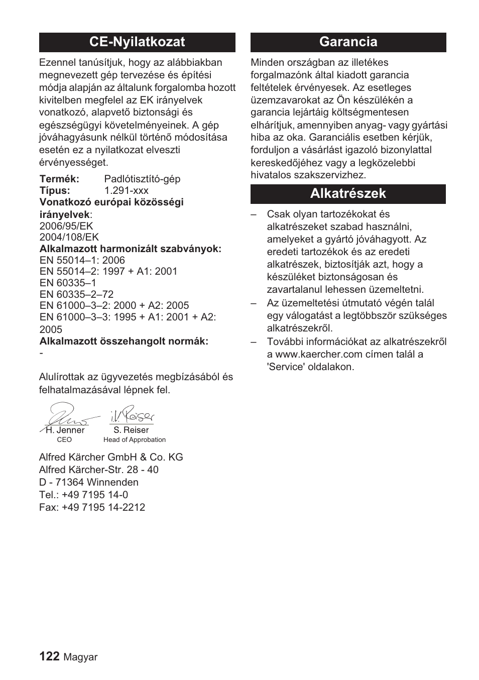 Ce-nyilatkozat, Garancia alkatrészek | Karcher BDP 1500 User Manual | Page 122 / 220