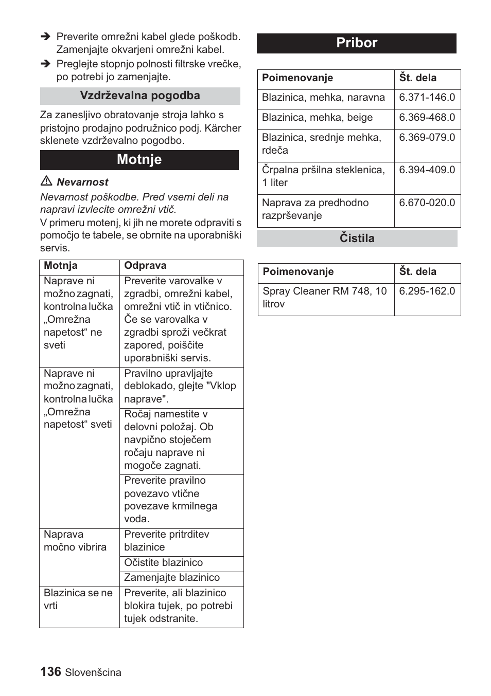 Motnje, Pribor | Karcher BDP 1500 User Manual | Page 136 / 220