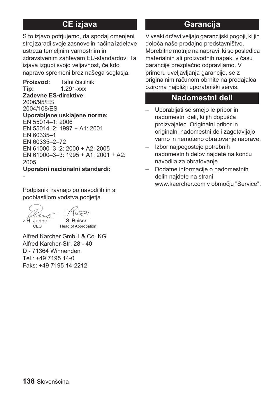 Ce izjava, Garancija nadomestni deli | Karcher BDP 1500 User Manual | Page 138 / 220