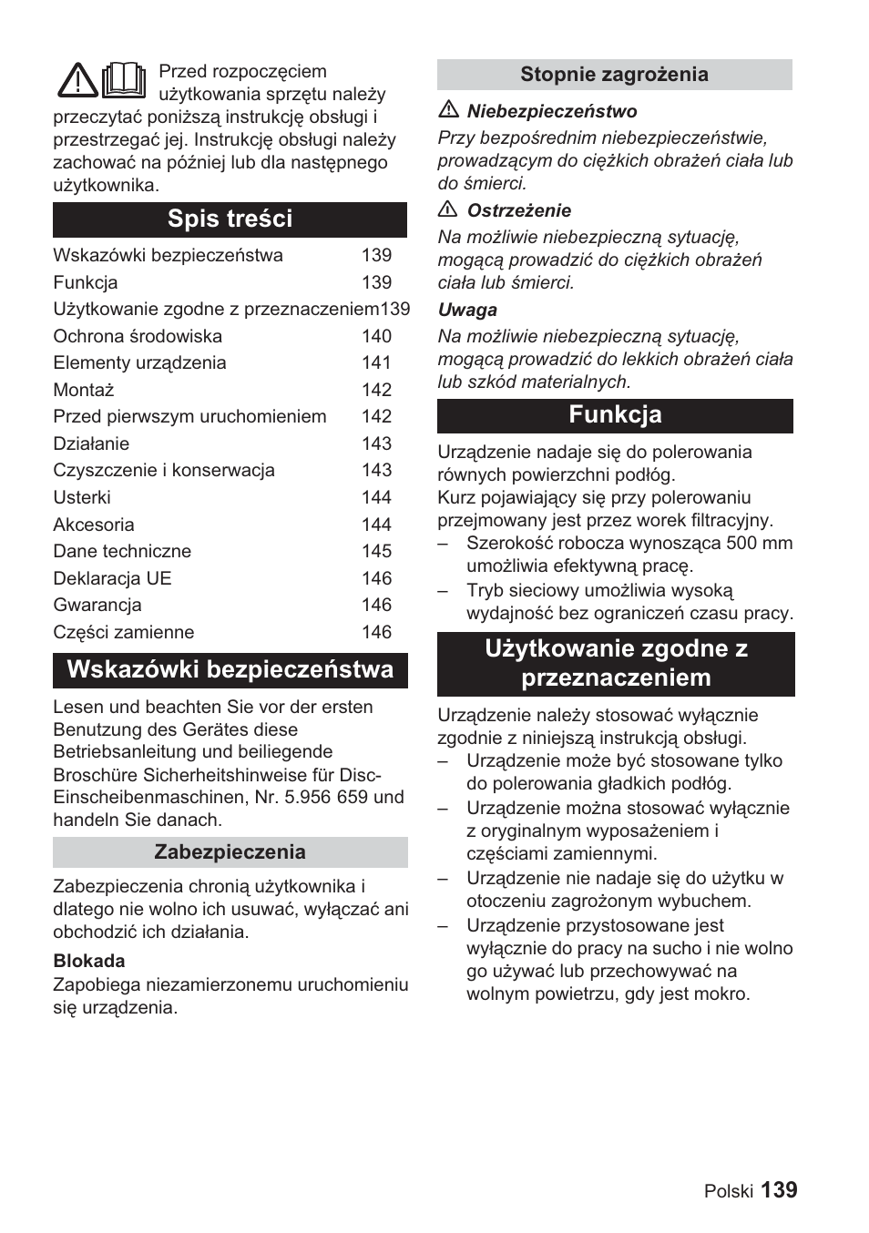 Spis treğci wskazówki bezpieczeĕstwa, Funkcja uīytkowanie zgodne z przeznaczeniem | Karcher BDP 1500 User Manual | Page 139 / 220